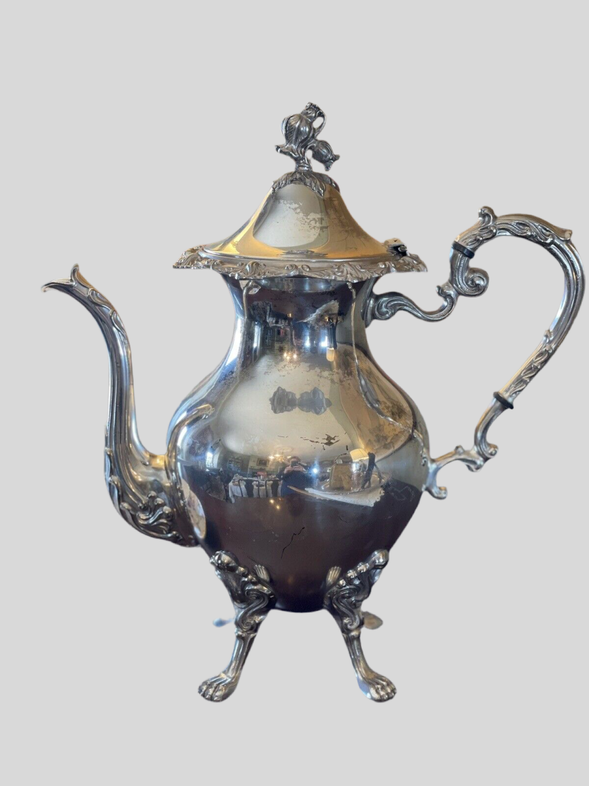 Large Lion Footed Silverplate Coffee Pot With Floral Finial VINTAGE