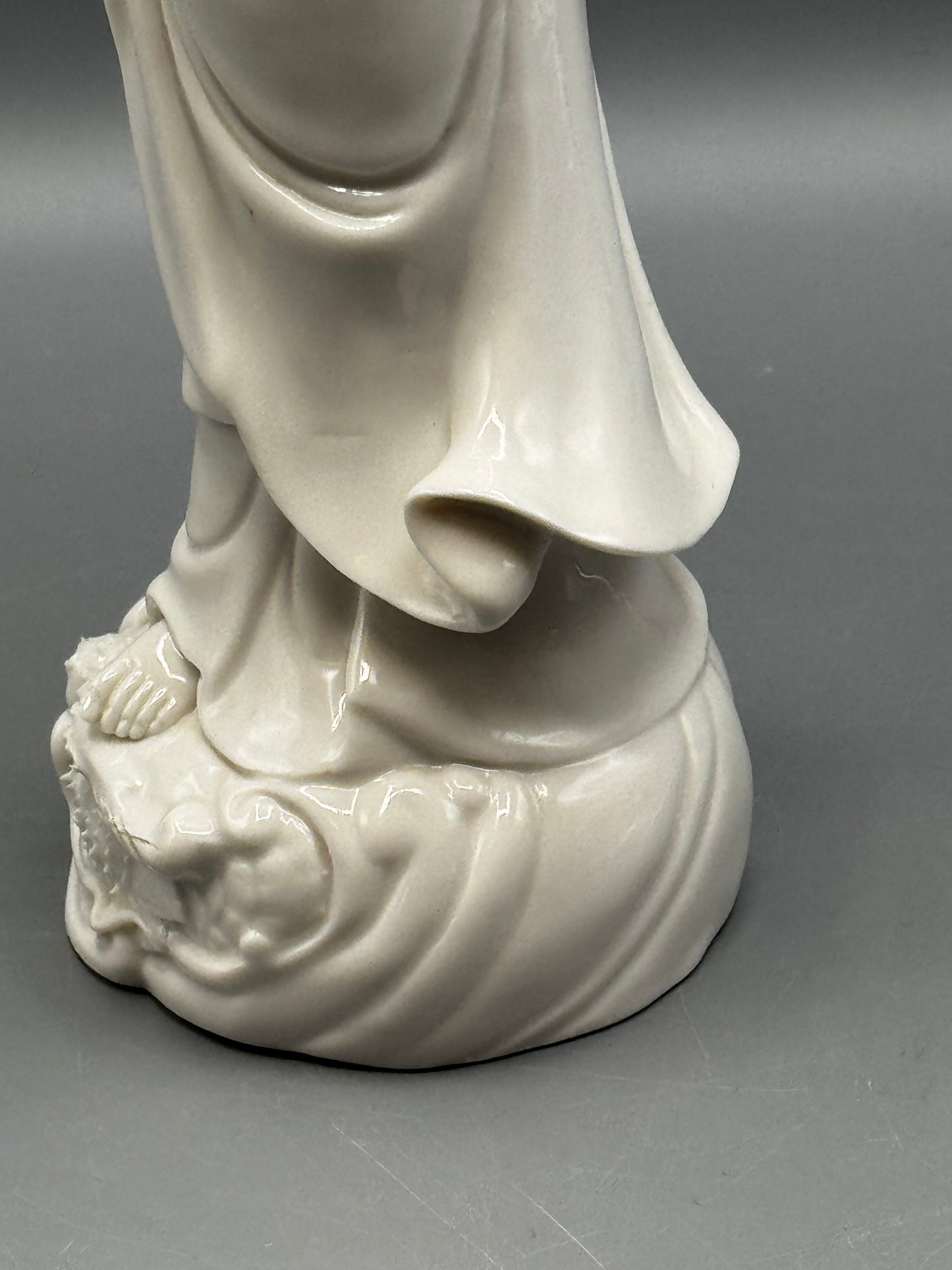 Vintage Blanc de Chine Guanyin Figurine Standing on Dragon 11.5”