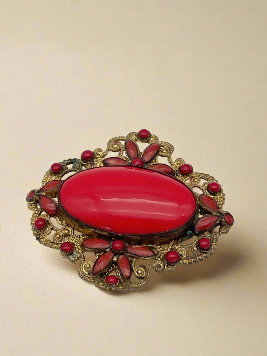 Vintage Red Glass Gold Filigree Czechoslovakia Brooch SIGNED