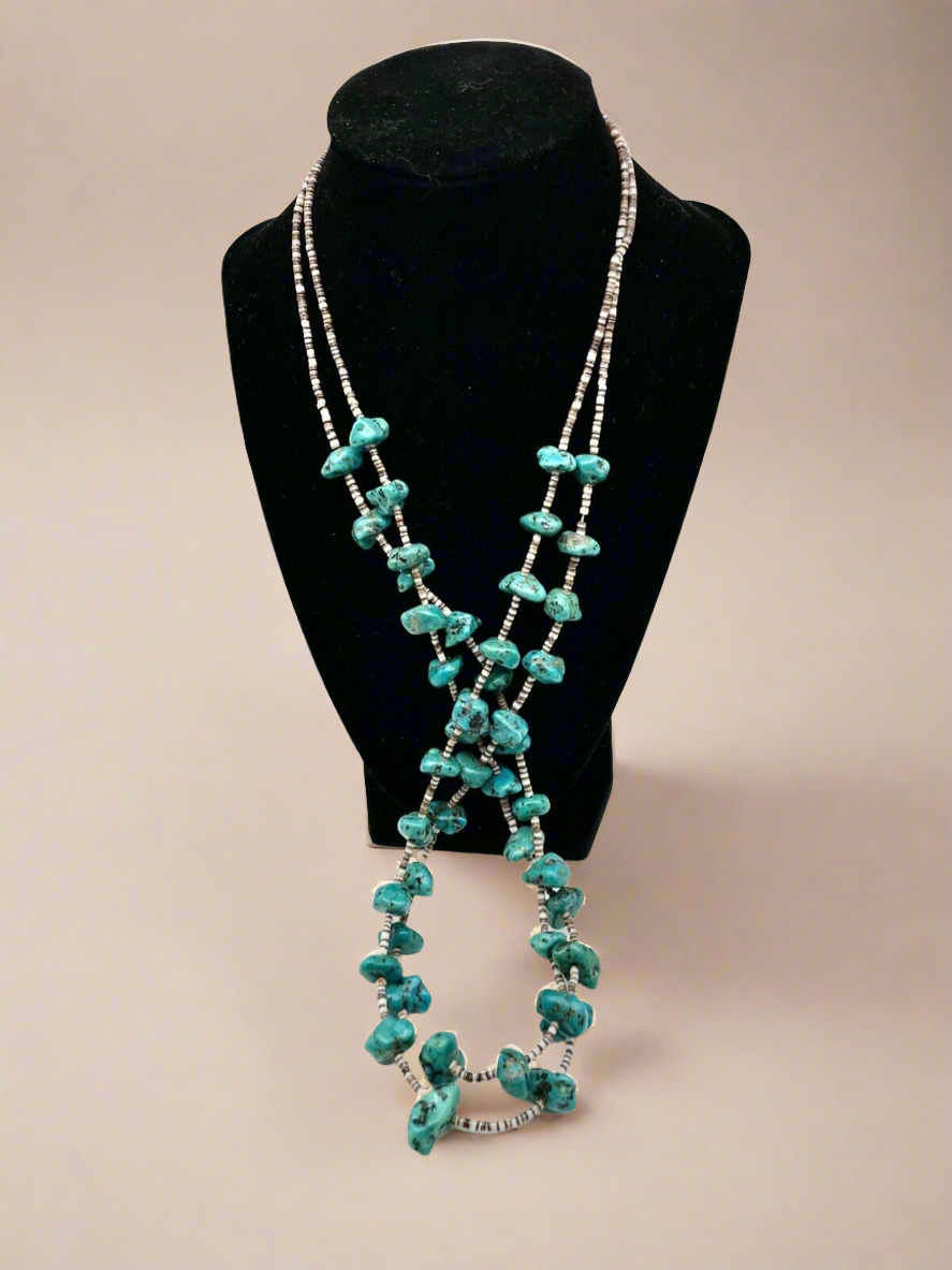Vintage 2 Strand Turquoise Nugget Necklace With Olive Shell Heishi