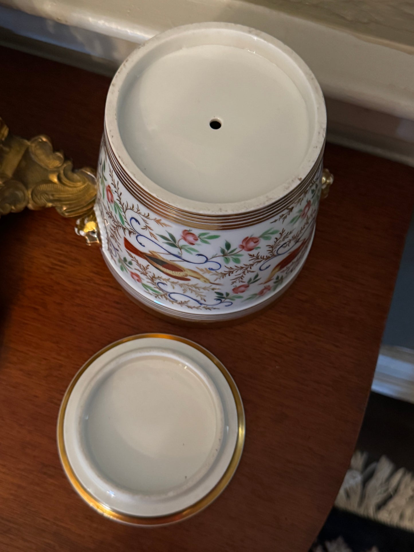 Antique Paris Porcelain Cachepot Planter Pair Hand Painted Bird Motif 19th Century