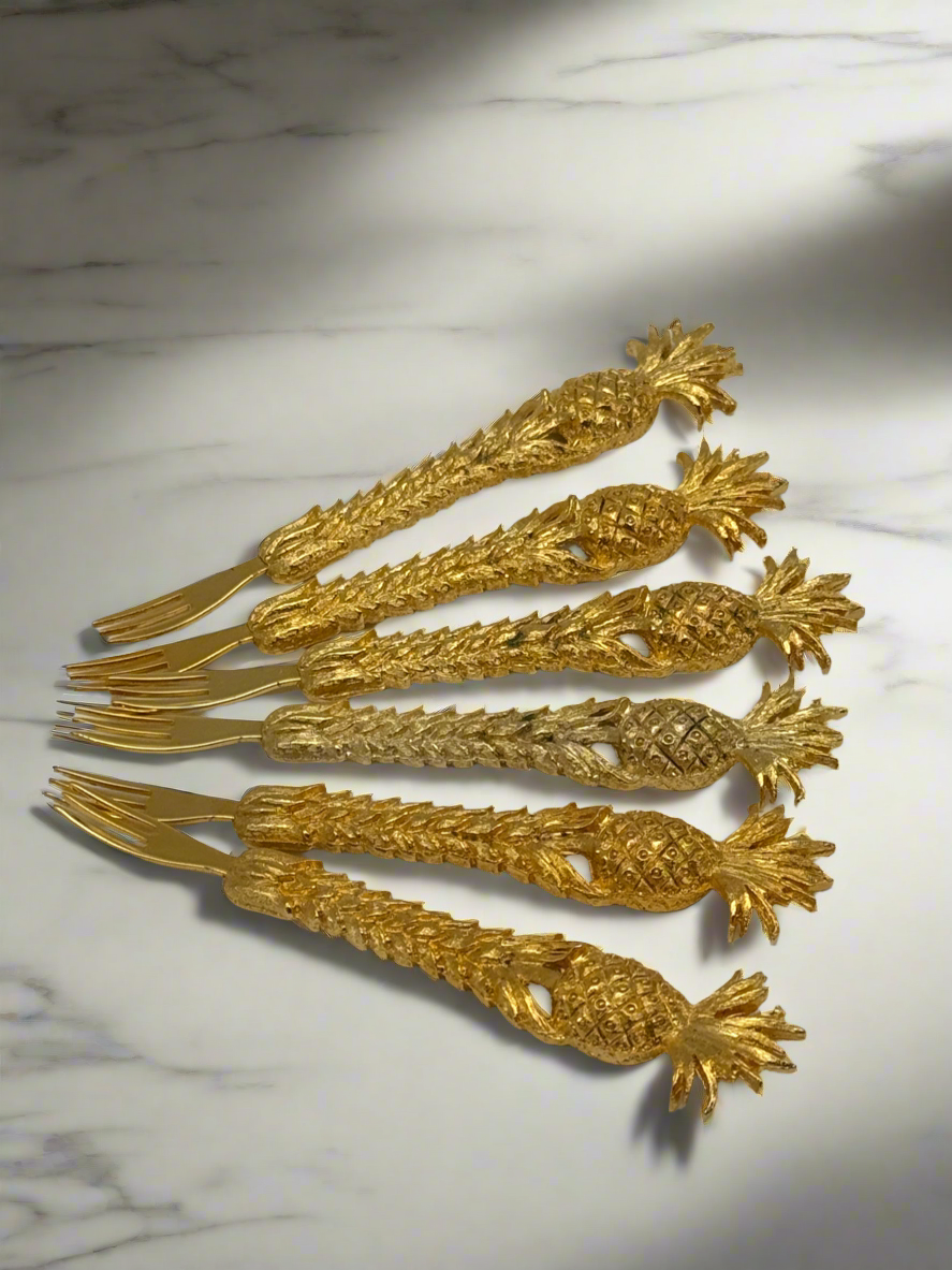 Vintage Canapé Fork Set 24kt Gold Plated Janis Collection 6 Pineapple Design