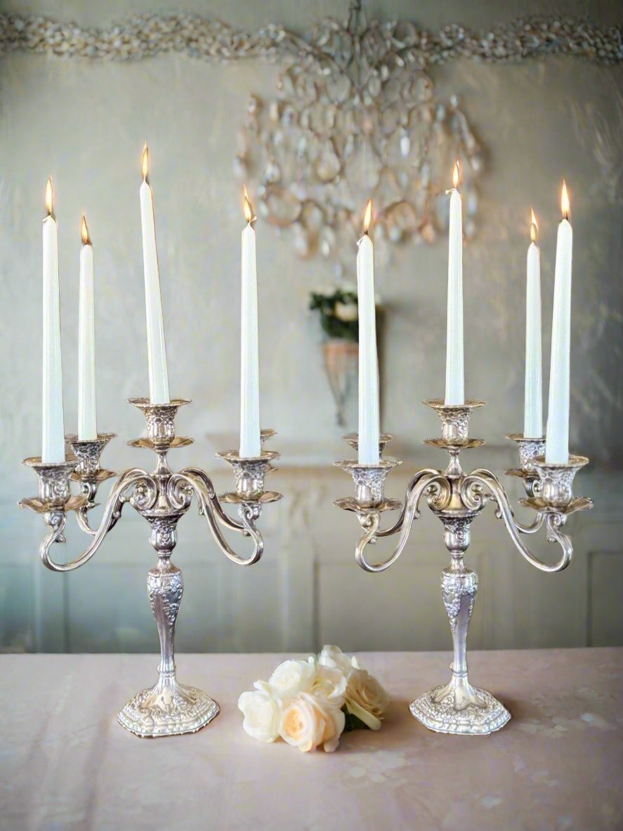 Vintage ANTIQUE STYLE Candelabra Pair 5 Candle Arms Floral Design Silverplate
