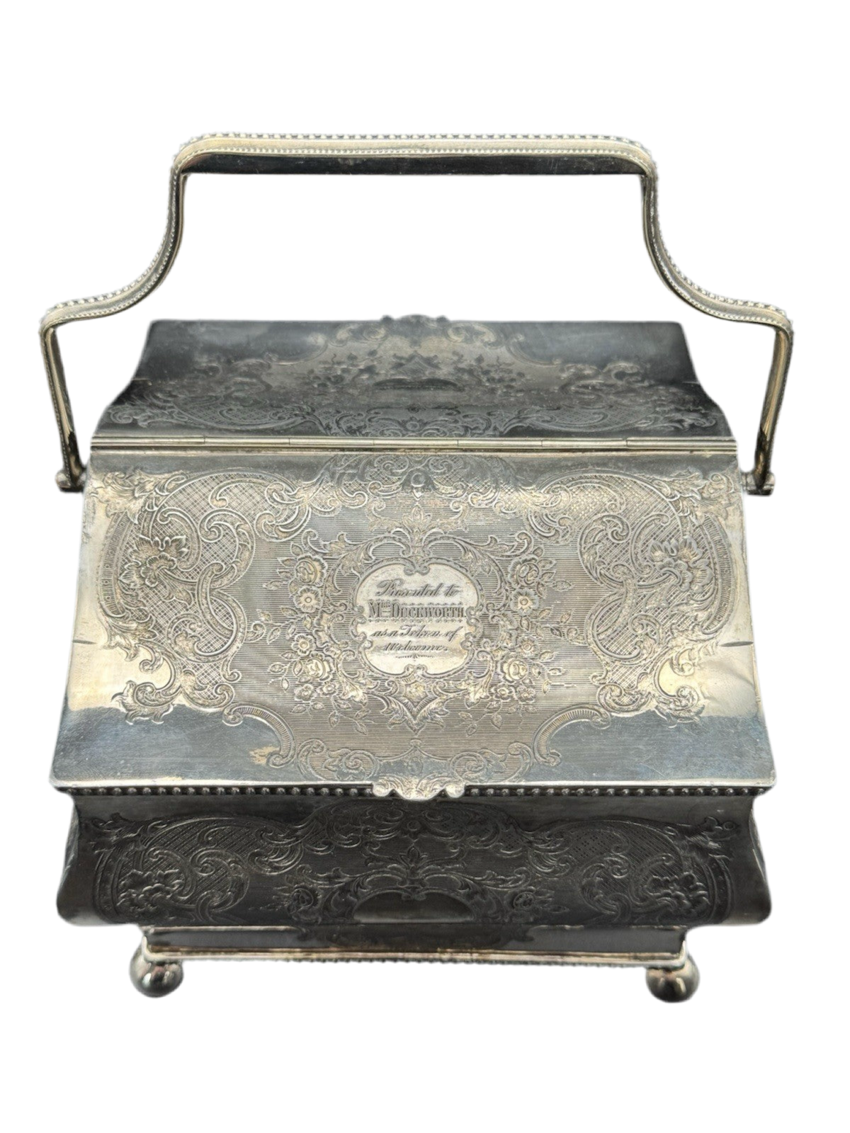 Antique Sheffield Silver Plate Double Biscuit Box – 1889 Marriage Presentation