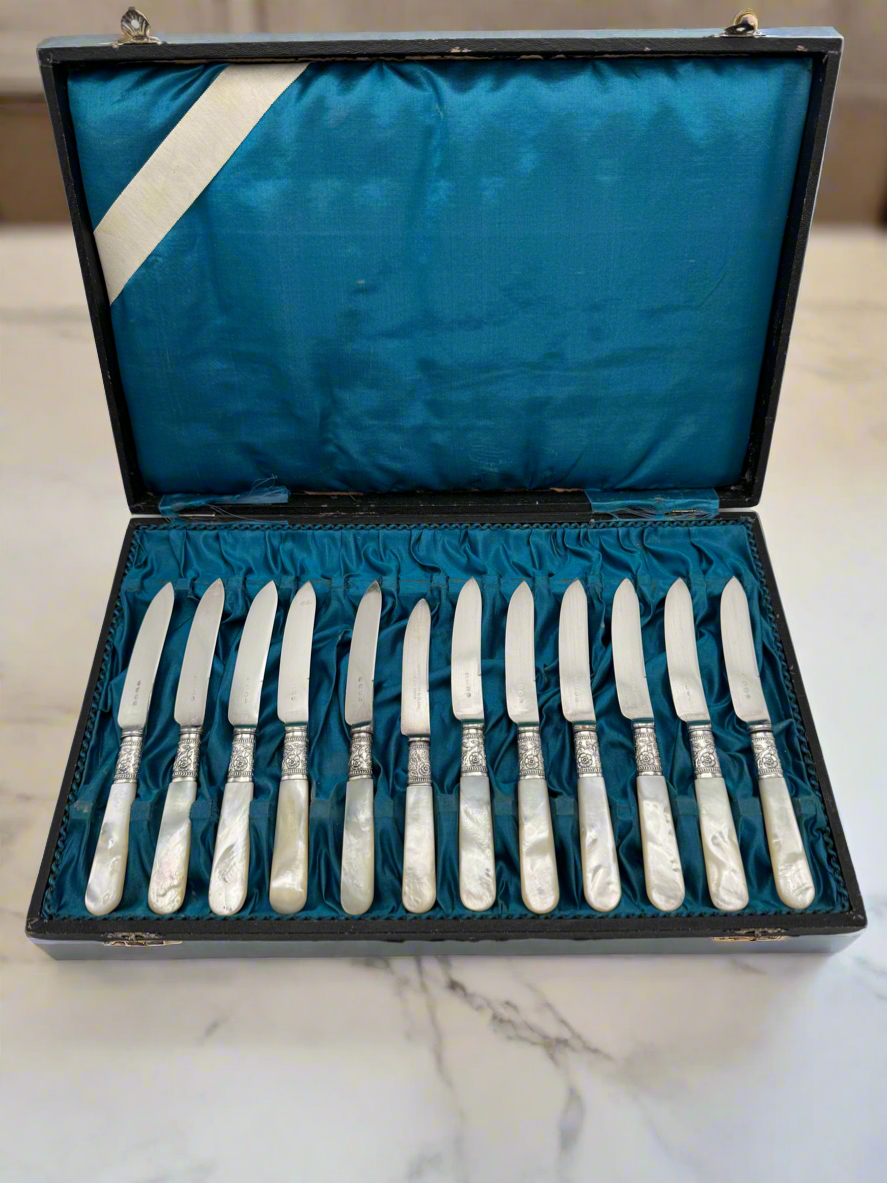 12 Antique MOTHER Of PEARL Fruit Knives Silverplate FERULE Floral Design Boxed
