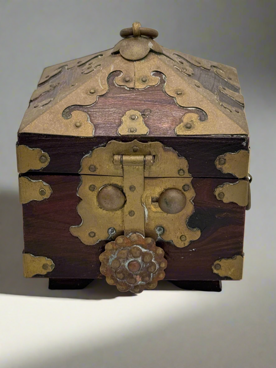 Vintage Wooden & Brass Seal Box Vintage Prayer Trinket Treasure Jewelry Box