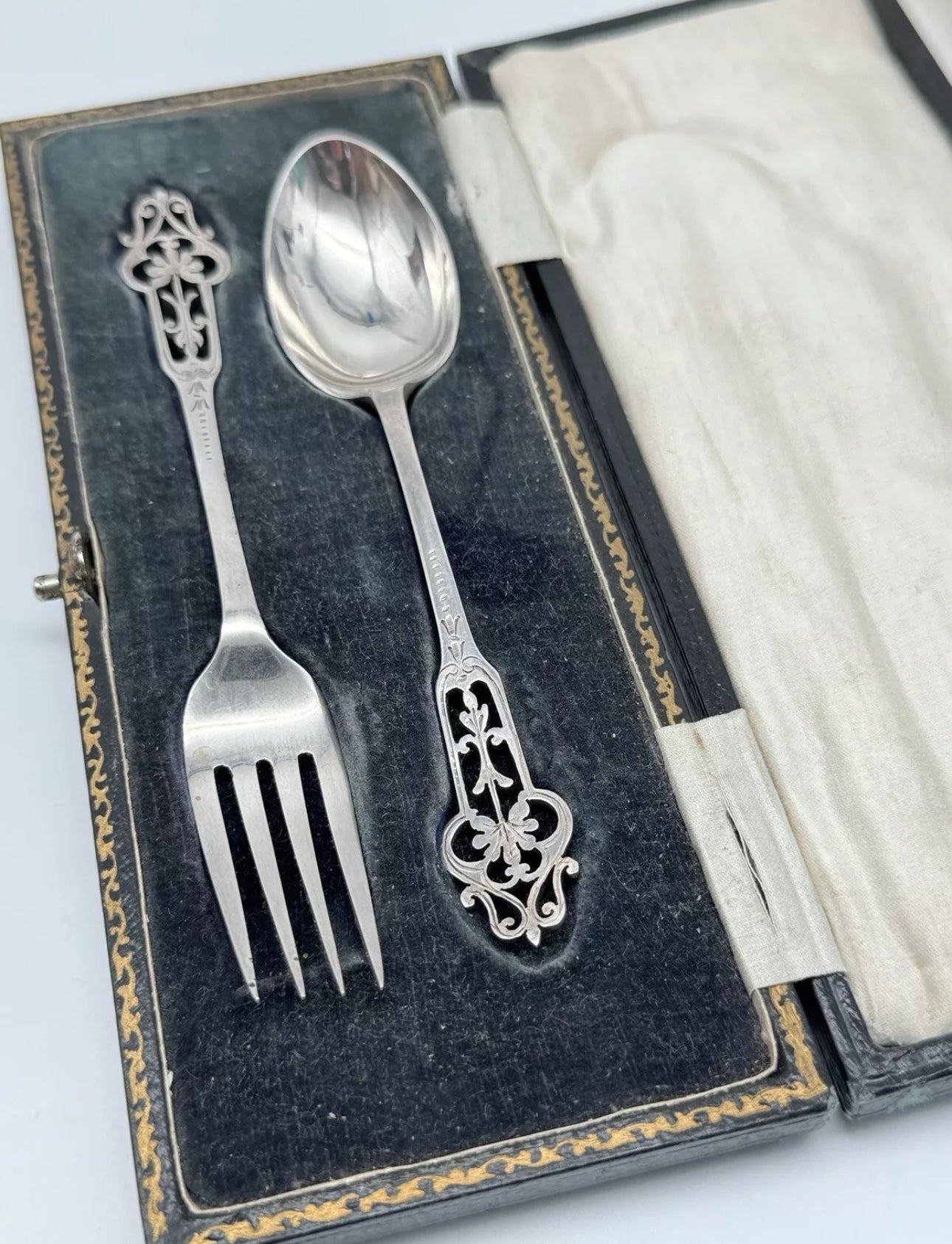 Antique English Christening Set In Case Spoon & Fork Silverplate