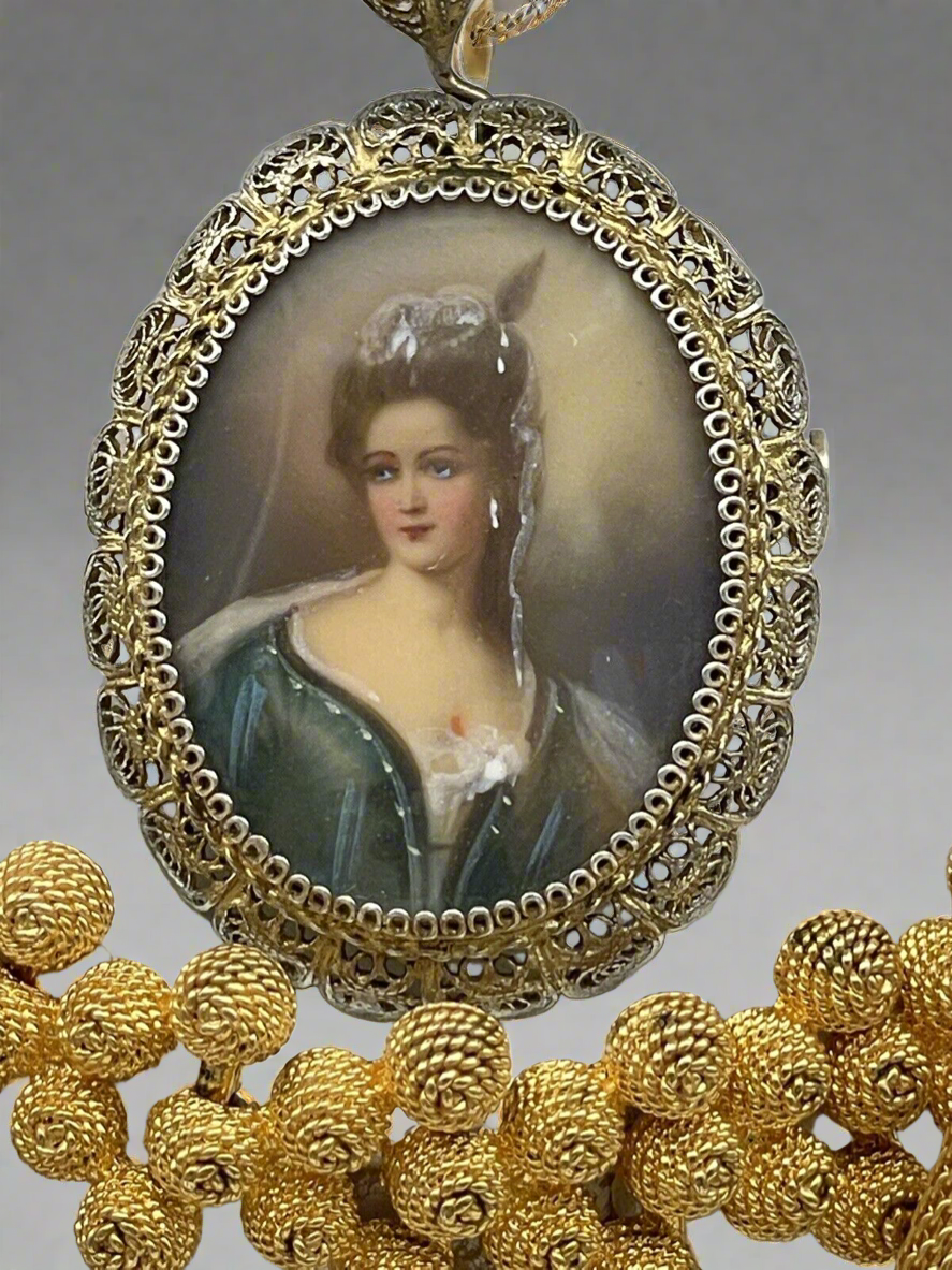 Antique Hand Painted Miniature Brooch Pendant 800 Silver Lace Filigree