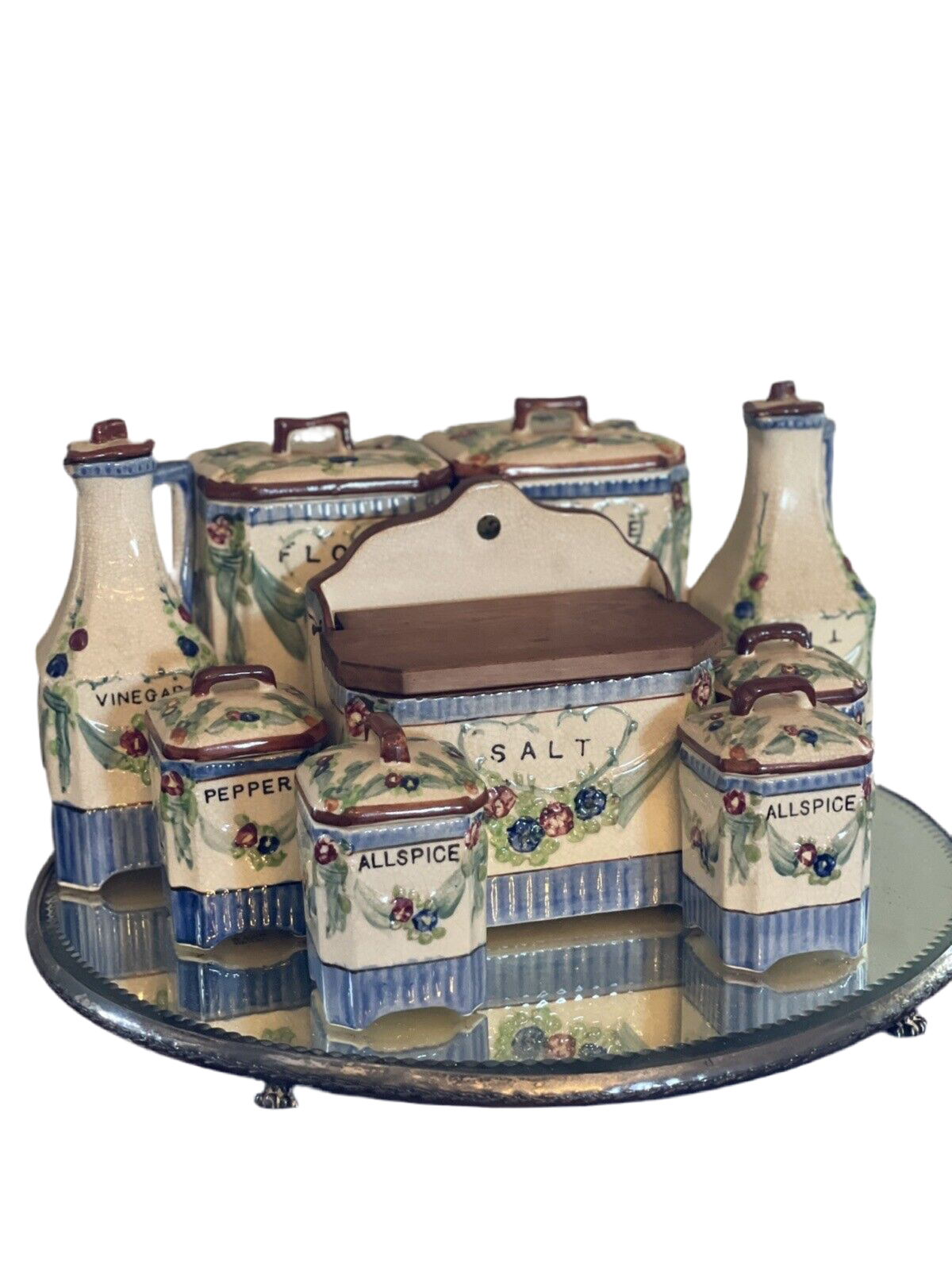 Vintage 9 Piece Canister Kitchen Set, Flour, Rice, Oil, Vinegar Set Hand Painted