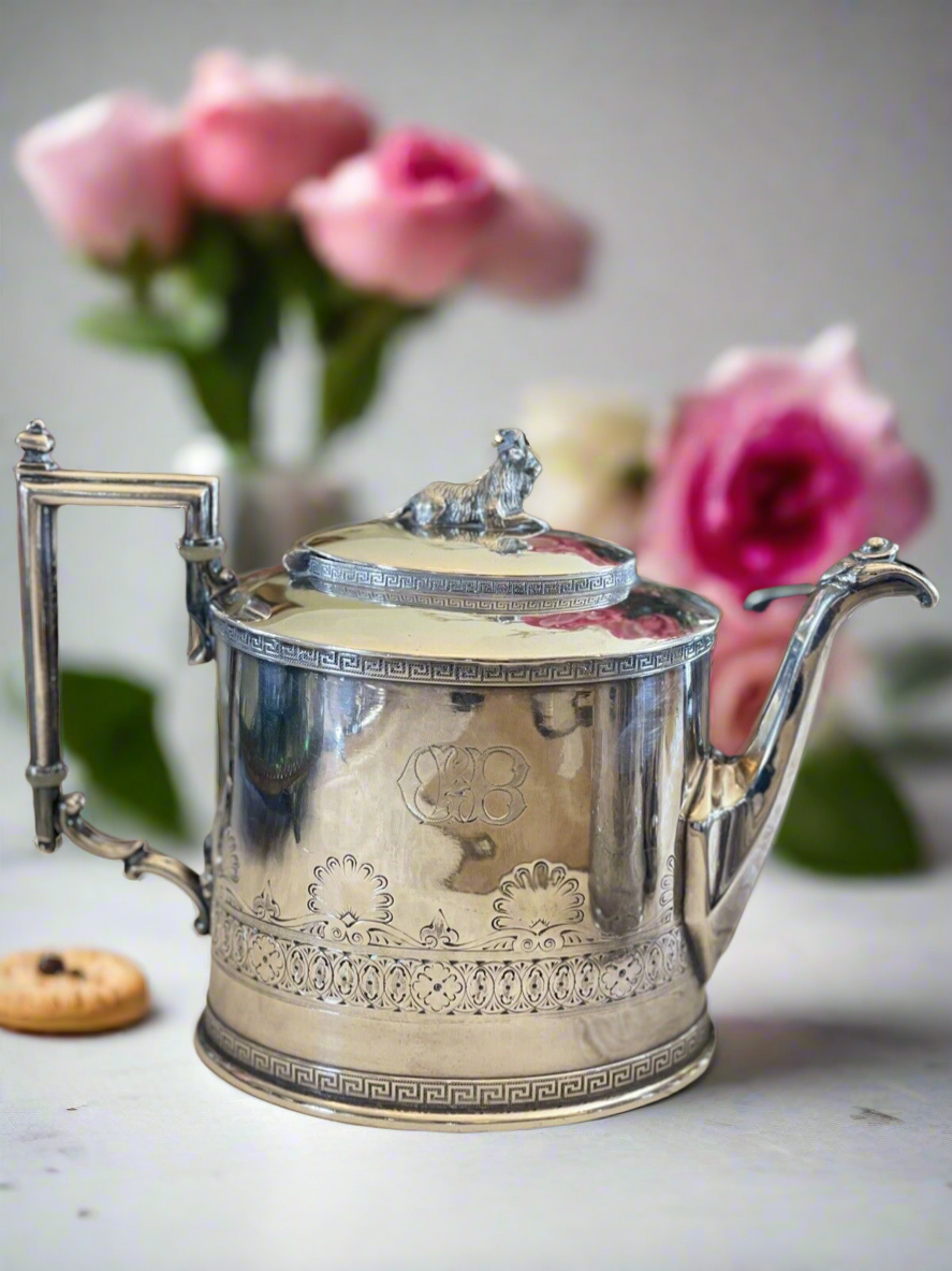 Antique Gothic Revival GOAT Greek Key 4 Pcs Tea Set Silverplate Reed & Barton Mono