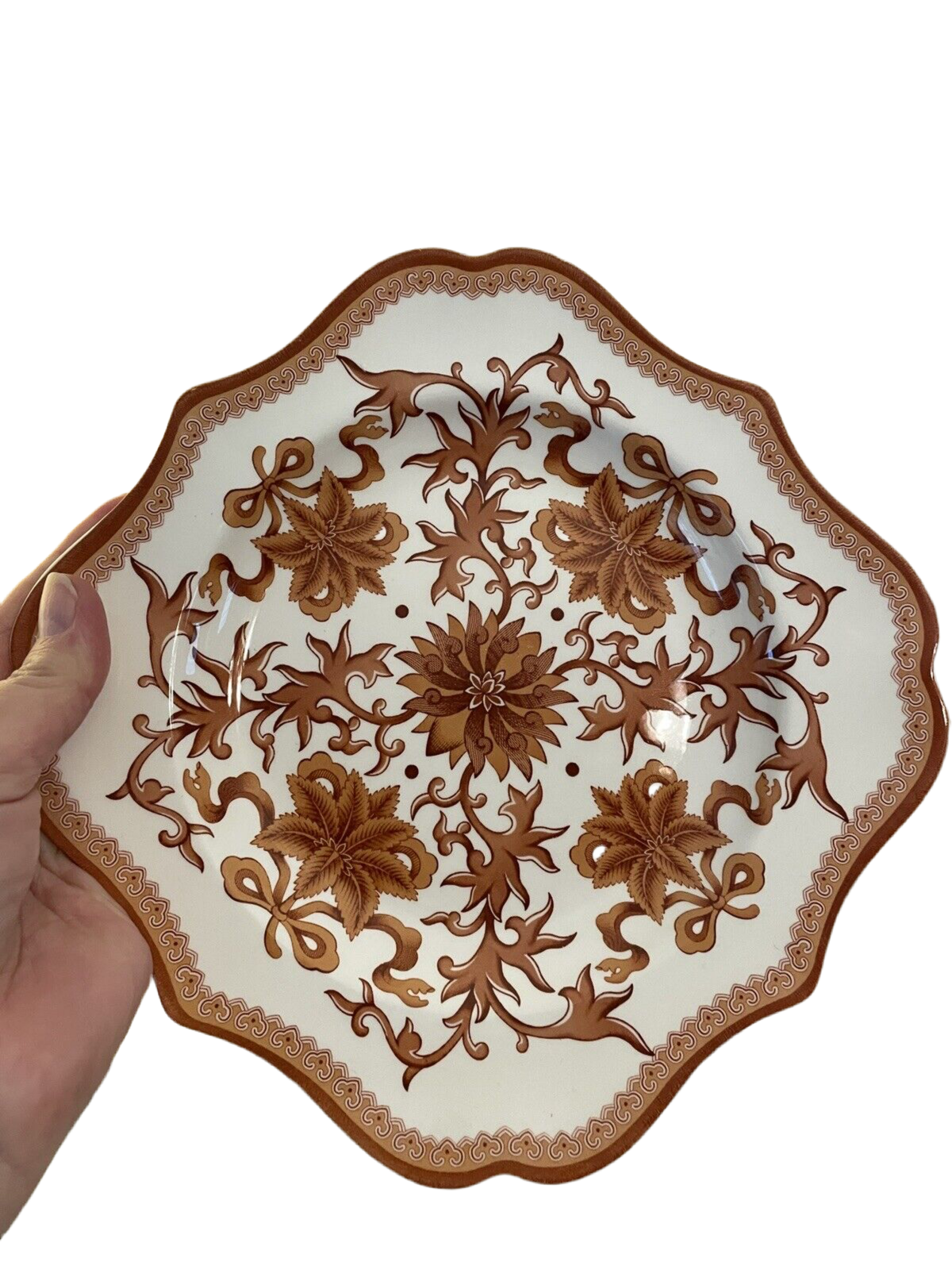 Set Of 4 Indian Red Spode Luncheon Plates Serpentine Square 9”