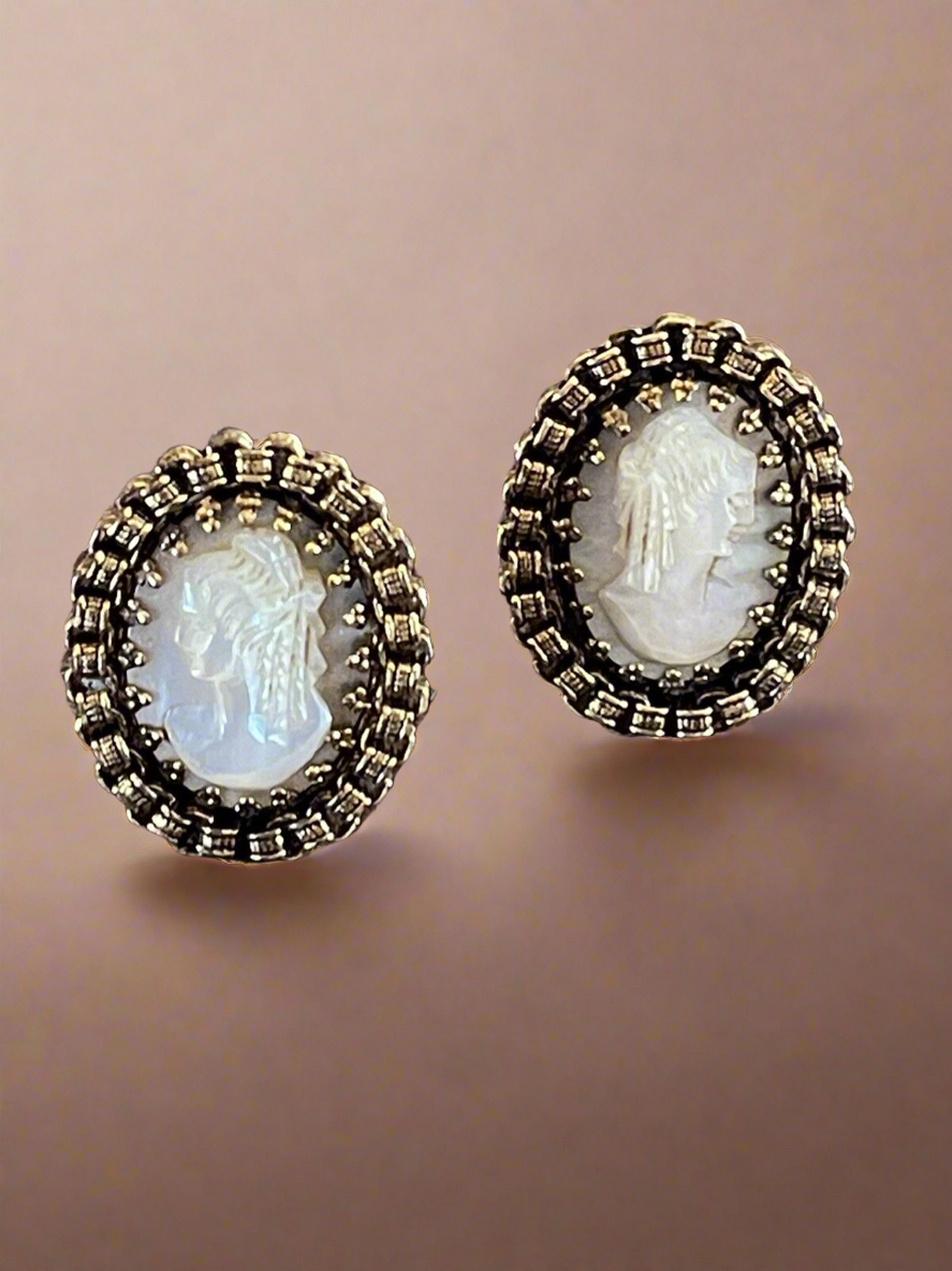 Mother of Pearl Carved Cameo EARRING Clips Filigree Casing VINTAGE