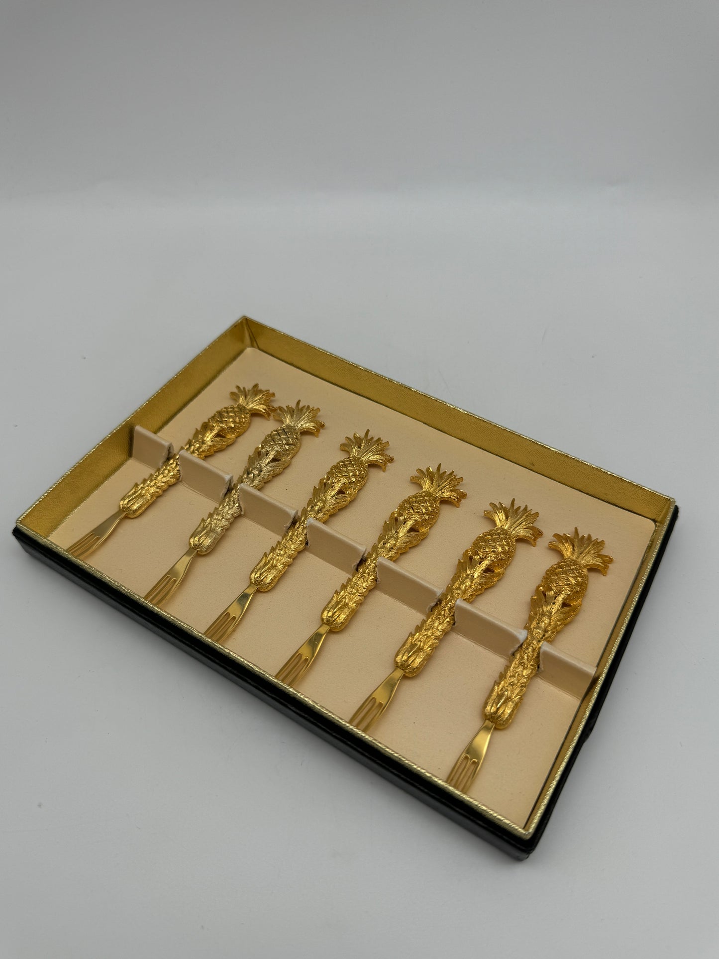 Vintage Canapé Fork Set 24kt Gold Plated Janis Collection 6 Pineapple Design