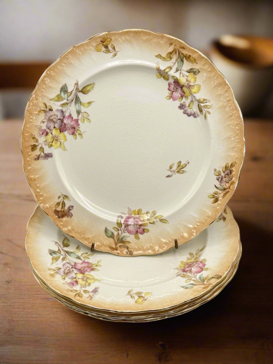 4 ANTIQUE Sampson Bridgwood & Son DINNER PLATES Floral Pink Peach 10.5”