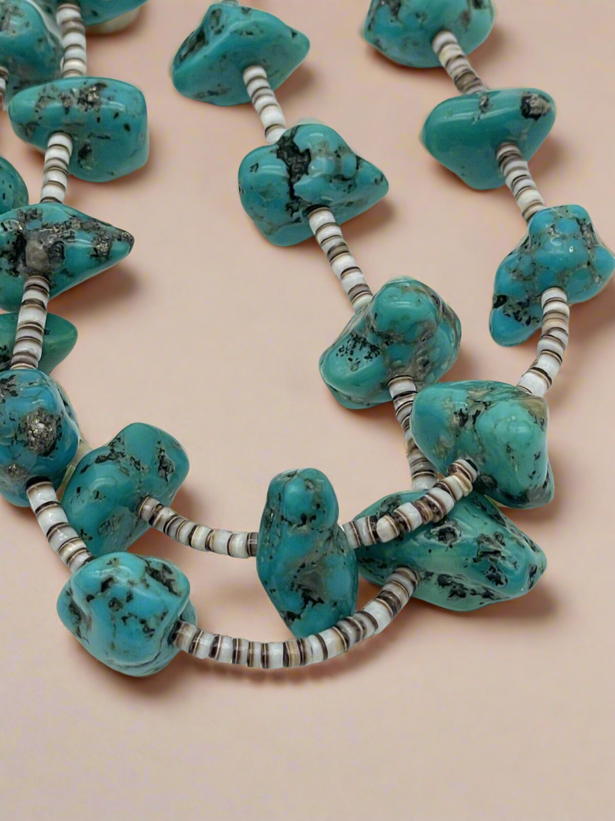 Vintage 2 Strand Turquoise Nugget Necklace With Olive Shell Heishi