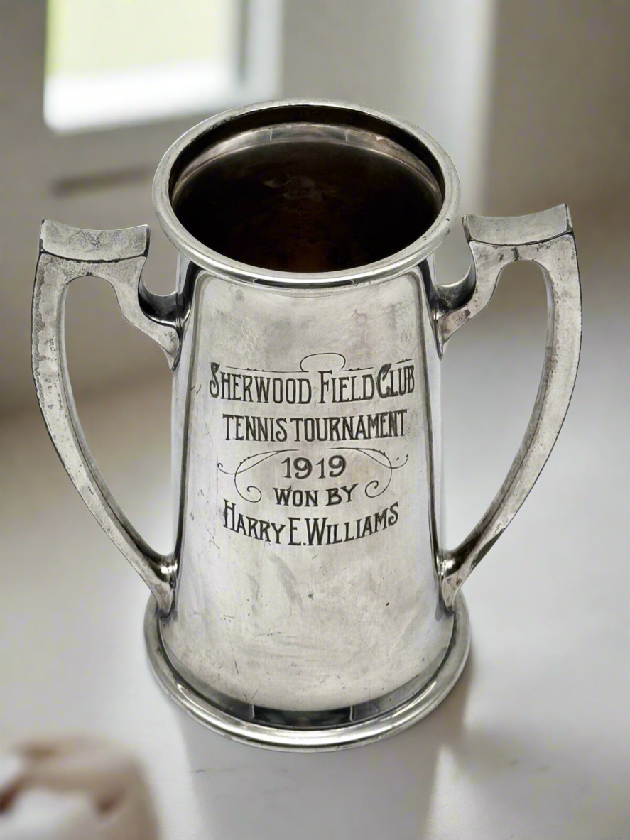 1919 ART NOUVEAUX Loving Cup Sherwood Field Club Tennis Tournament Trophy Silver Plate