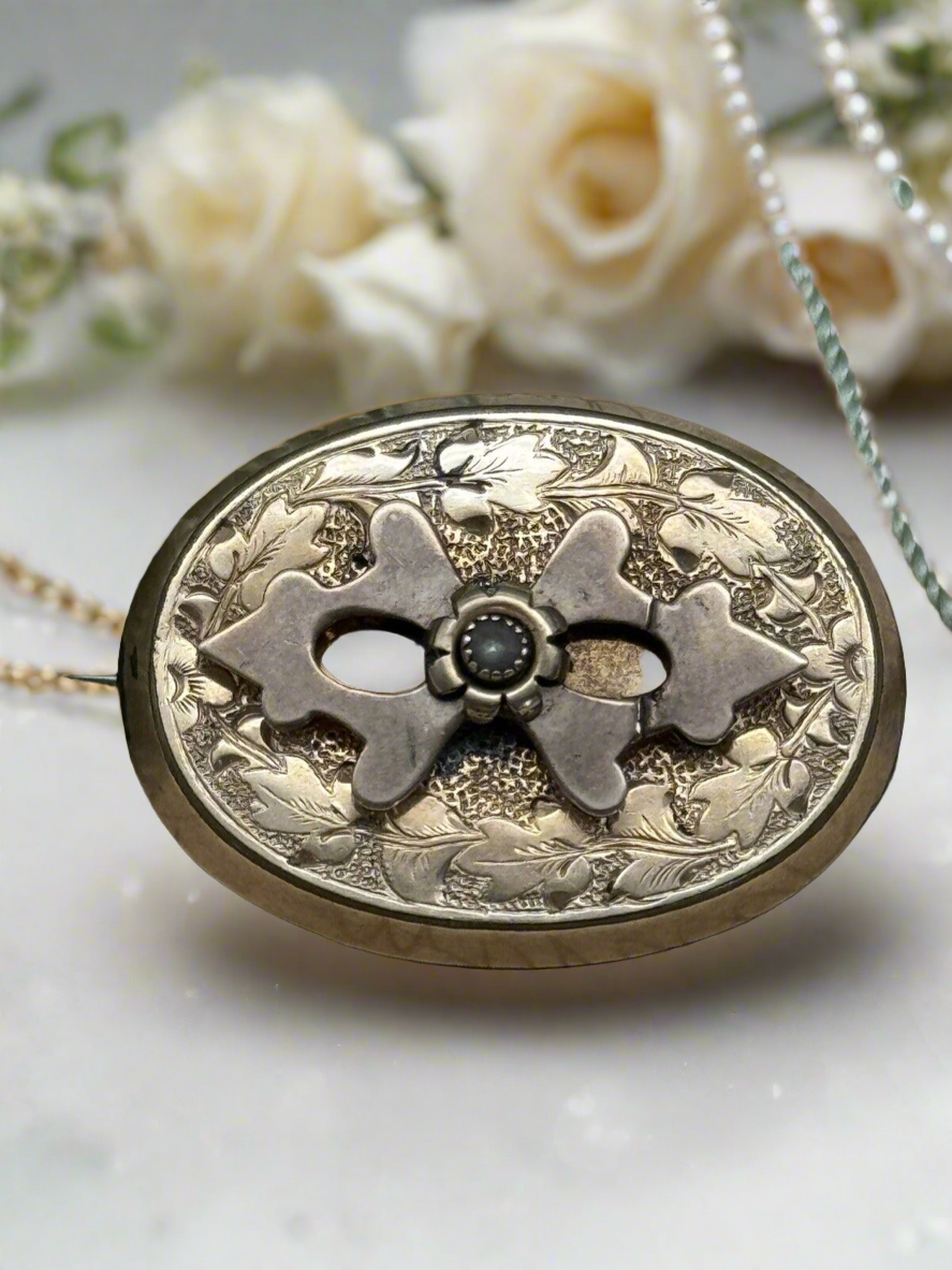 Victorian Gold Filled Brooch Pendant With Gold Plated 925 Sterling Chain 17.5”