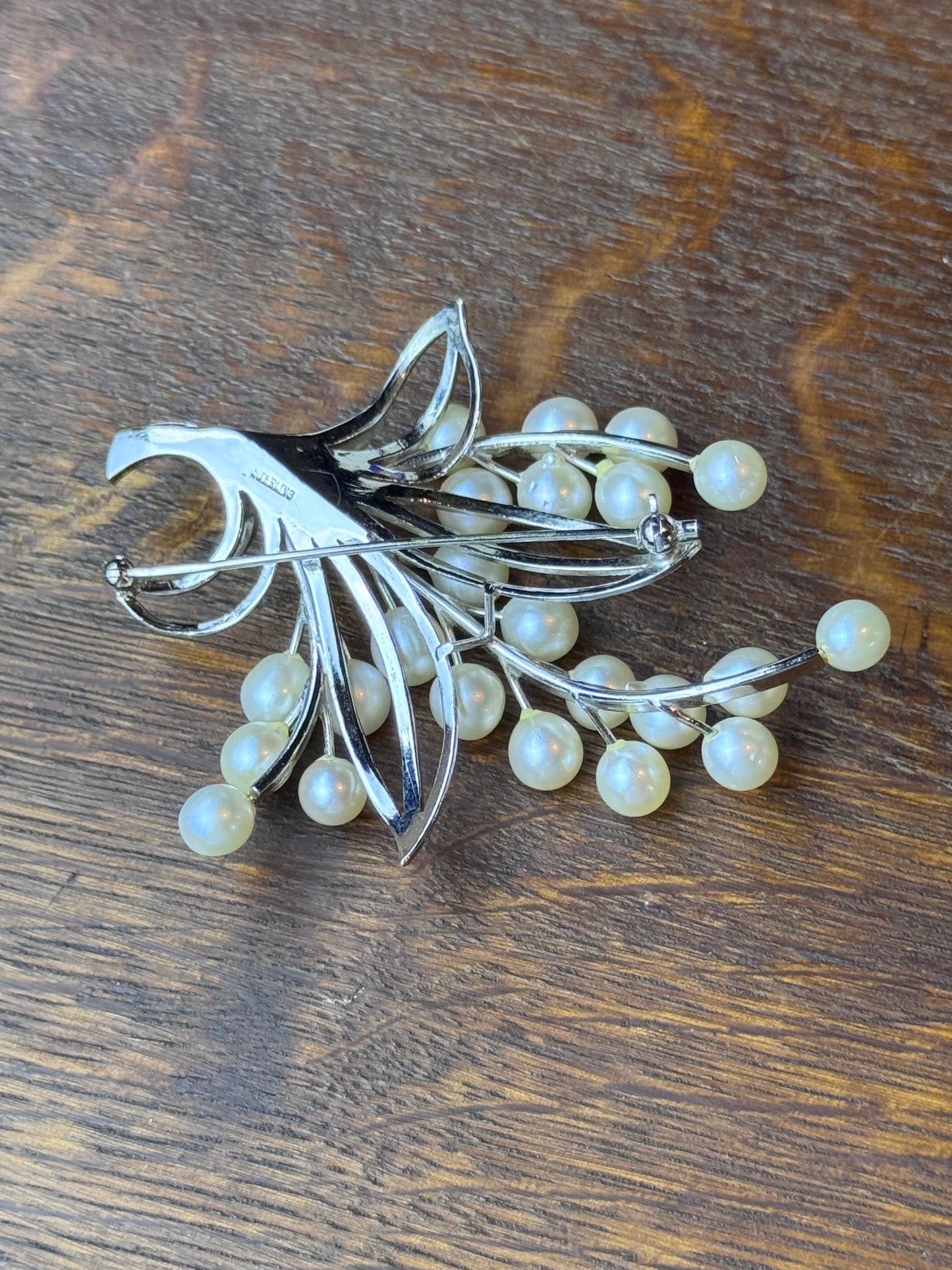 Vintage Sterling Silver Cultured Pearl Floral Spray Brooch 3” Mid Century Pin