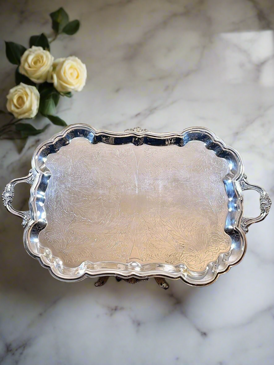 Silverplate Tray Victorian Style American Rogers HANDLED & Footed Chased VINTAGE