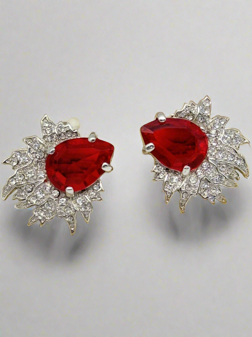 Signed Vintage SCAASI Red & Clear Rhinestone Clip On Earrings Silver Tone