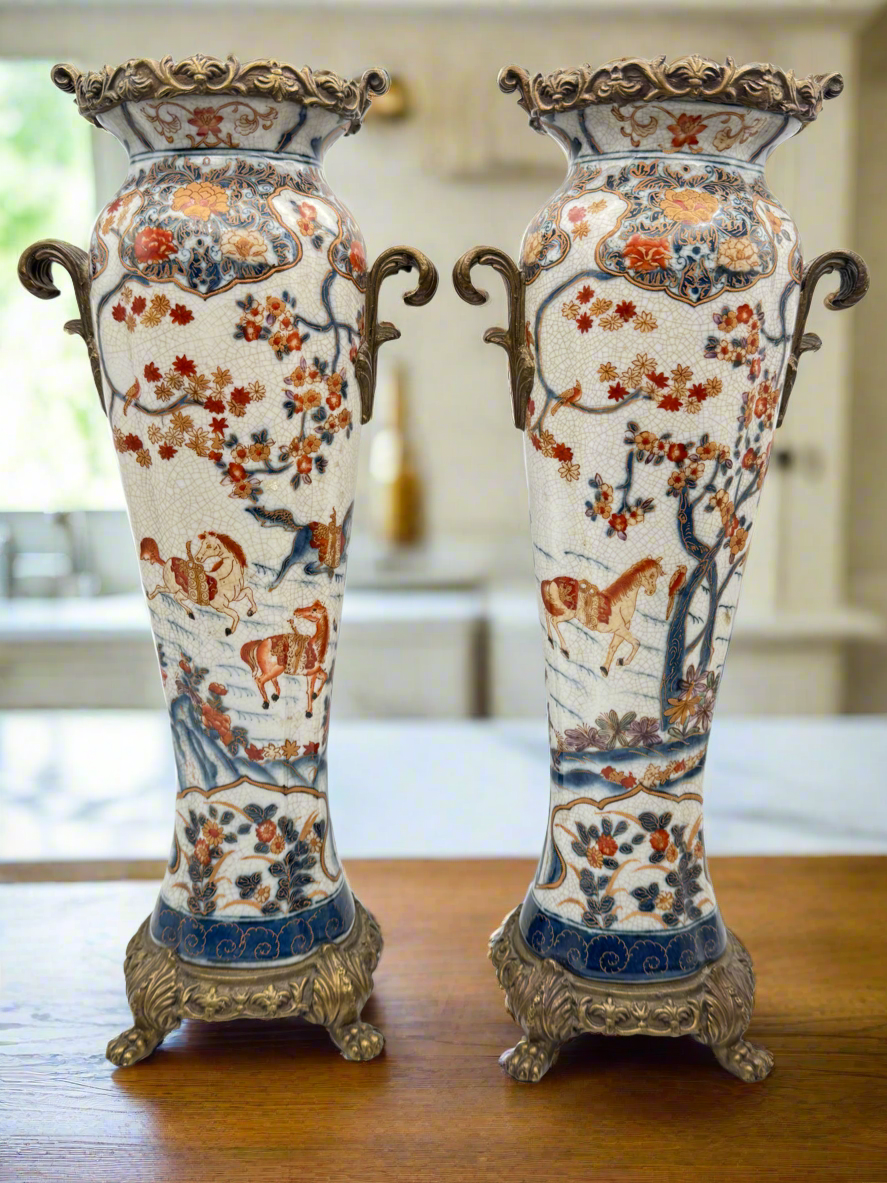 Pair Vintage Castilian Porcelain Bronze Brass Candle Holders Crackleglaze 15”h