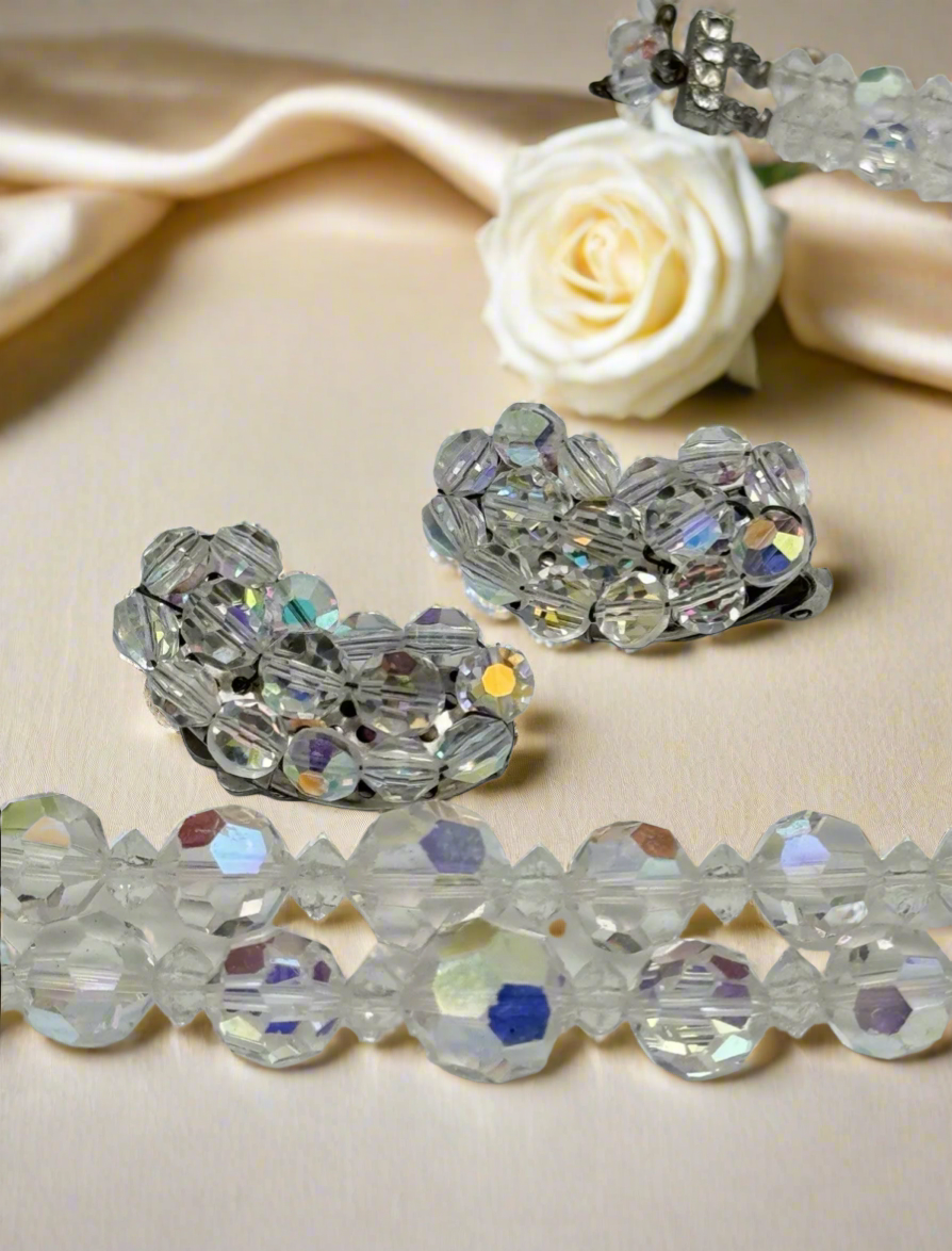 Vintage Taylor Maid Rock AB Crystal 2 Strand Necklace With Earrings In Box