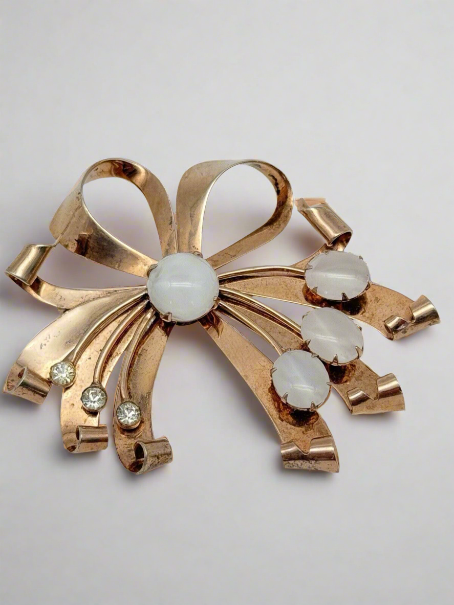 1940s Brooch STERLING Gold VERMEIL Retro Ribbon With Opaline Stones & Rhinestone