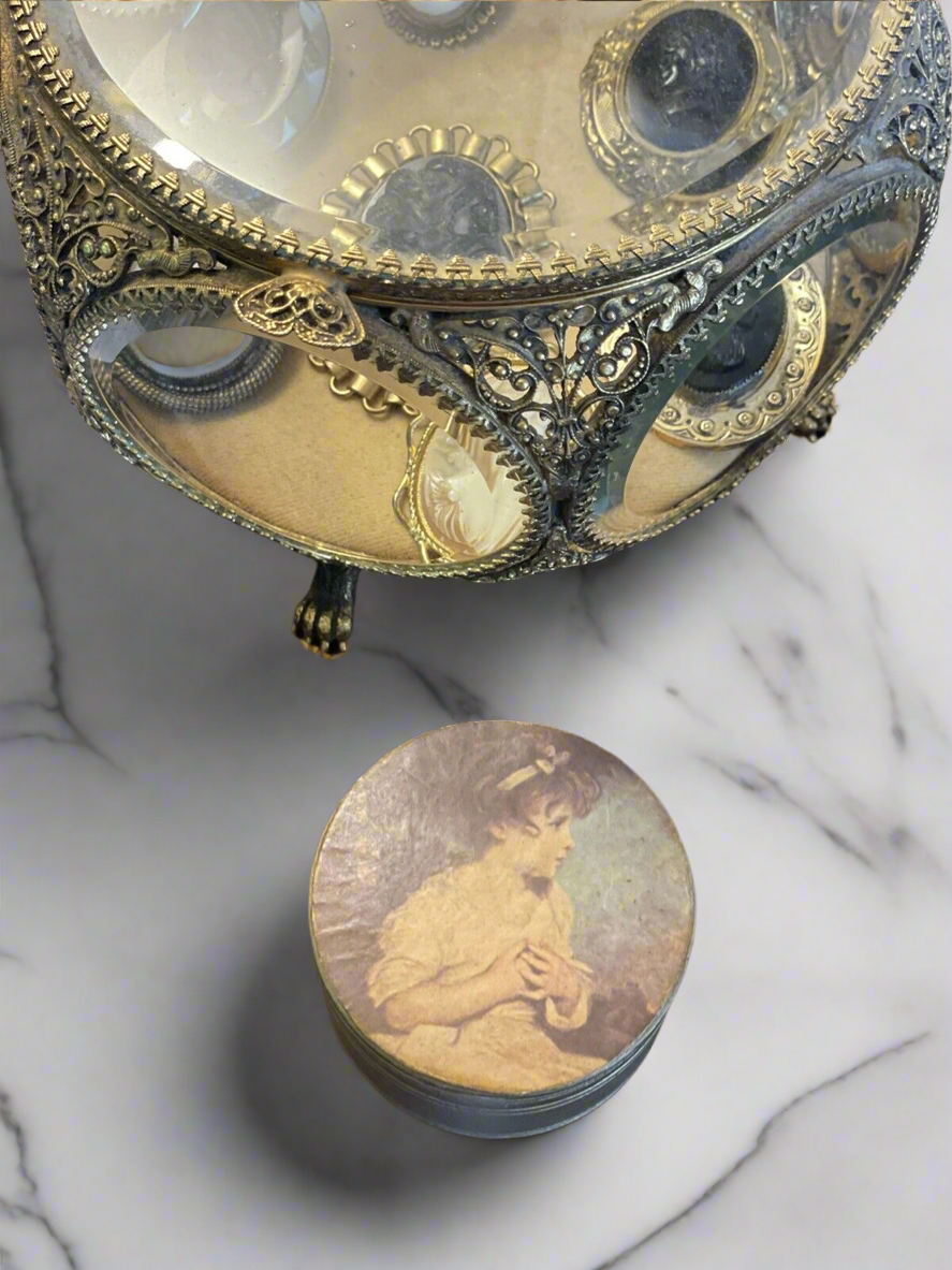 Vintage Trinket Box Wood Gilded Decoupage Depicting Young Girl CHARMING