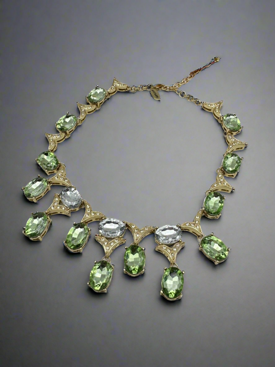 Vintage SIGNED SCAASI Green, Clear, Gold Tone Necklace STATEMENT PIECE