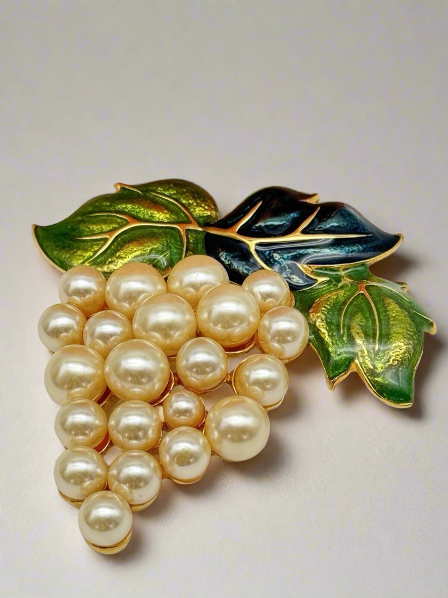 Large Vintage Faux Pearl Enamel Grape Brooch 3” ESTATE FIND
