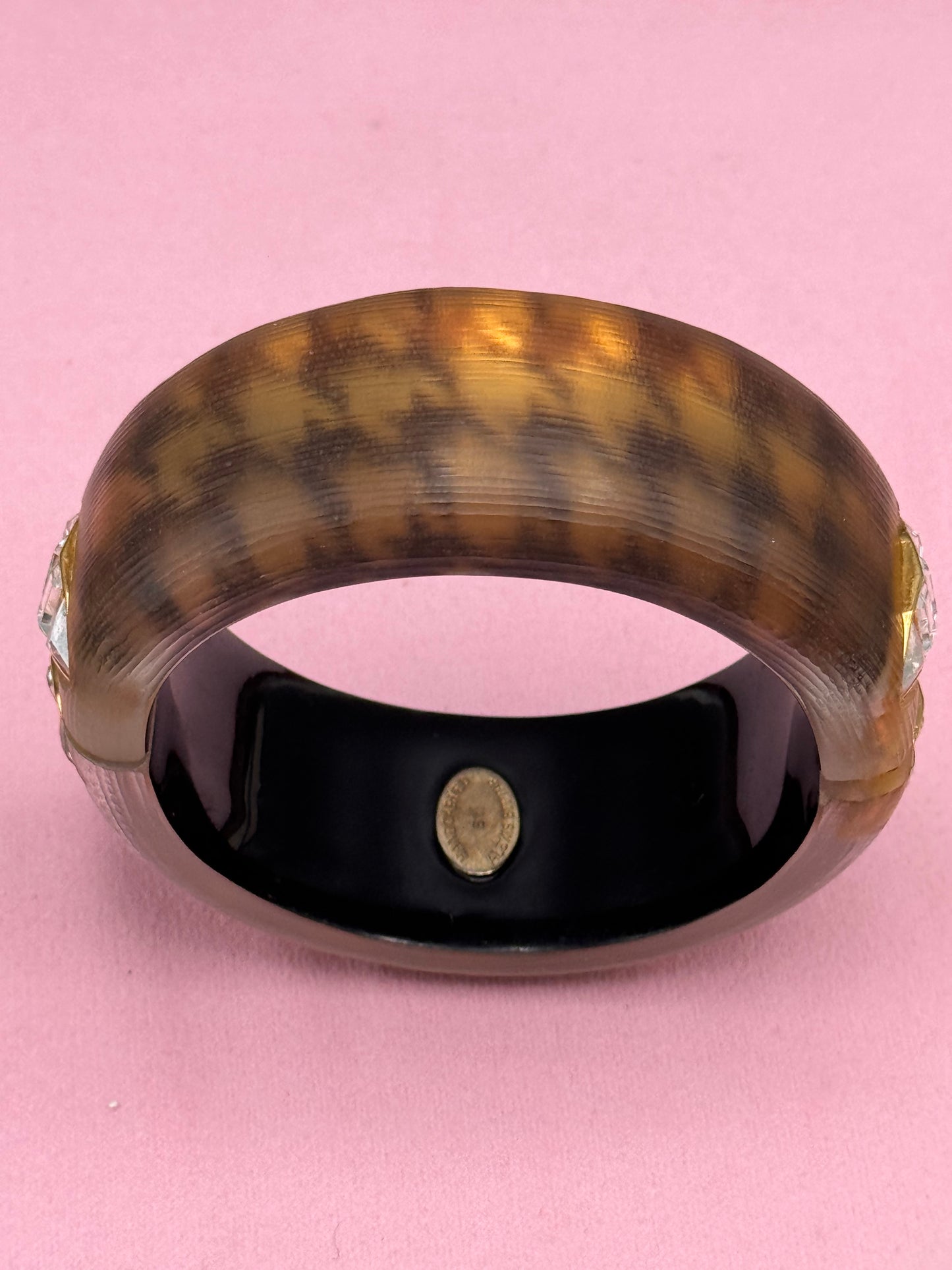 Alexis Bittar Houndstooth Lucite Hinged Bangle Crystal Accent 6.75”