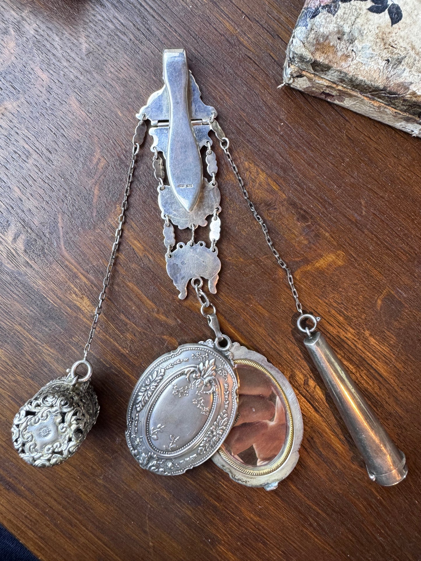Antique Sterling Silver Chatelaine Mirror Needle Case Thimble 1911 Birmingham 8”