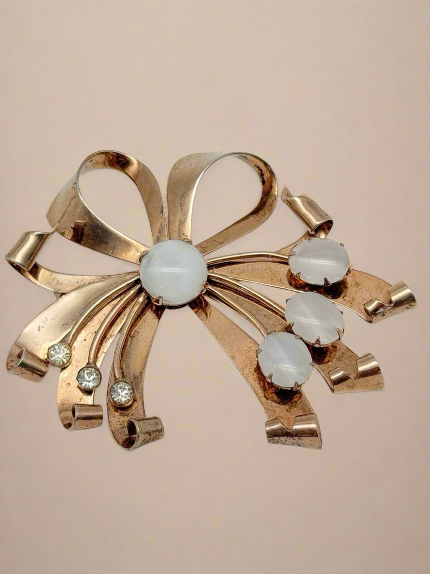 1940s Brooch STERLING Gold VERMEIL Retro Ribbon With Opaline Stones & Rhinestone