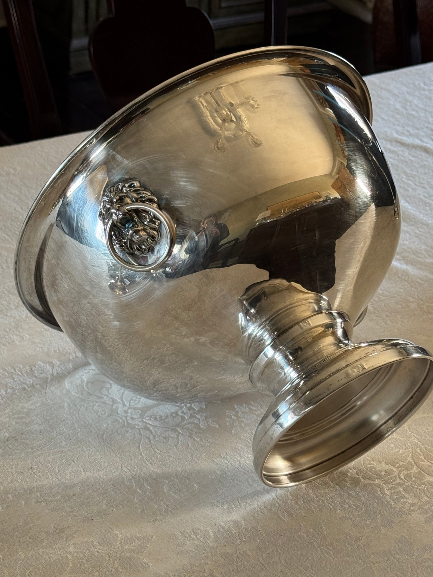 Vintage Silverplate Punch Bowl LARGE Wine Cooler Lion Head Ring Handles Rogers