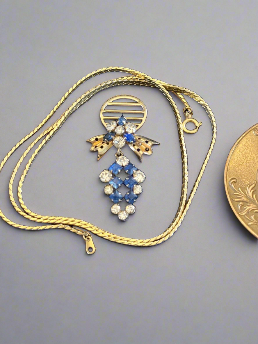 Blue & Clear Rhinestones Pendant Brooch 12kt GF Signed Phyllis Chain VINTAGE