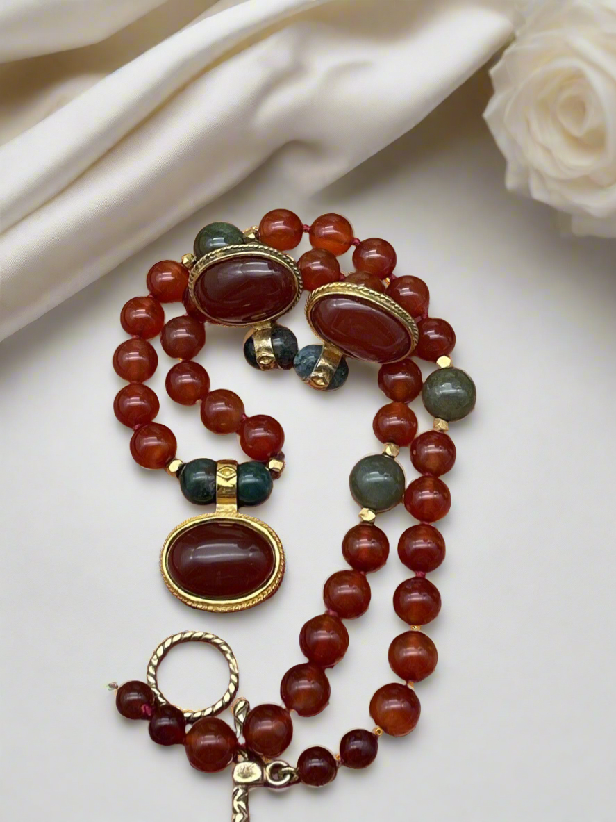 Vintage “Carnelian Jade” Style Gold Plated Necklace & Earrings By JADED SIGNED