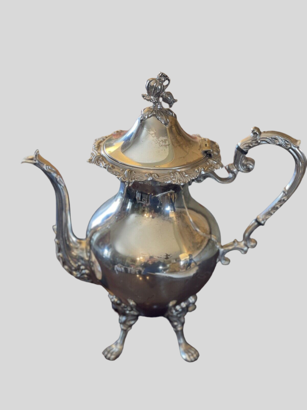 Large Lion Footed Silverplate Coffee Pot With Floral Finial VINTAGE