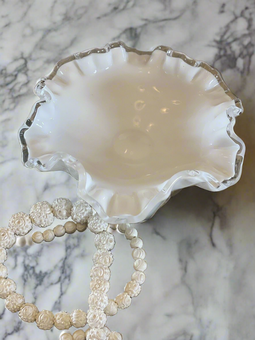 Fenton Silver Crest Style White Milk Glass Ruffled Crimped Rim Bowl VINTAGE