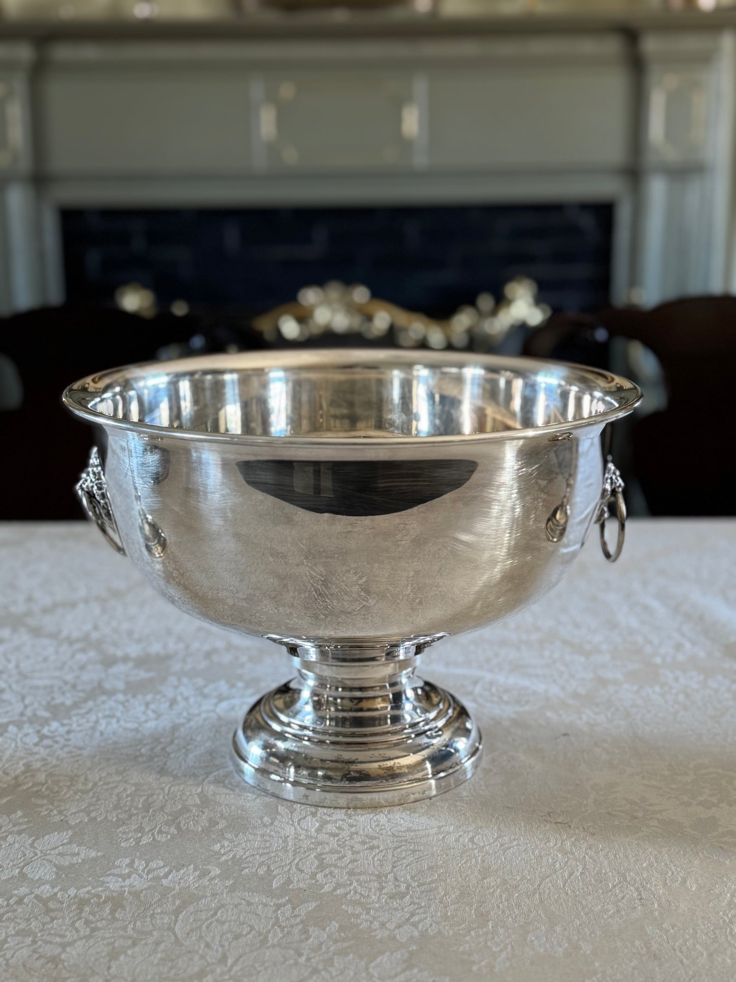 Vintage Silverplate Punch Bowl LARGE Wine Cooler Lion Head Ring Handles Rogers