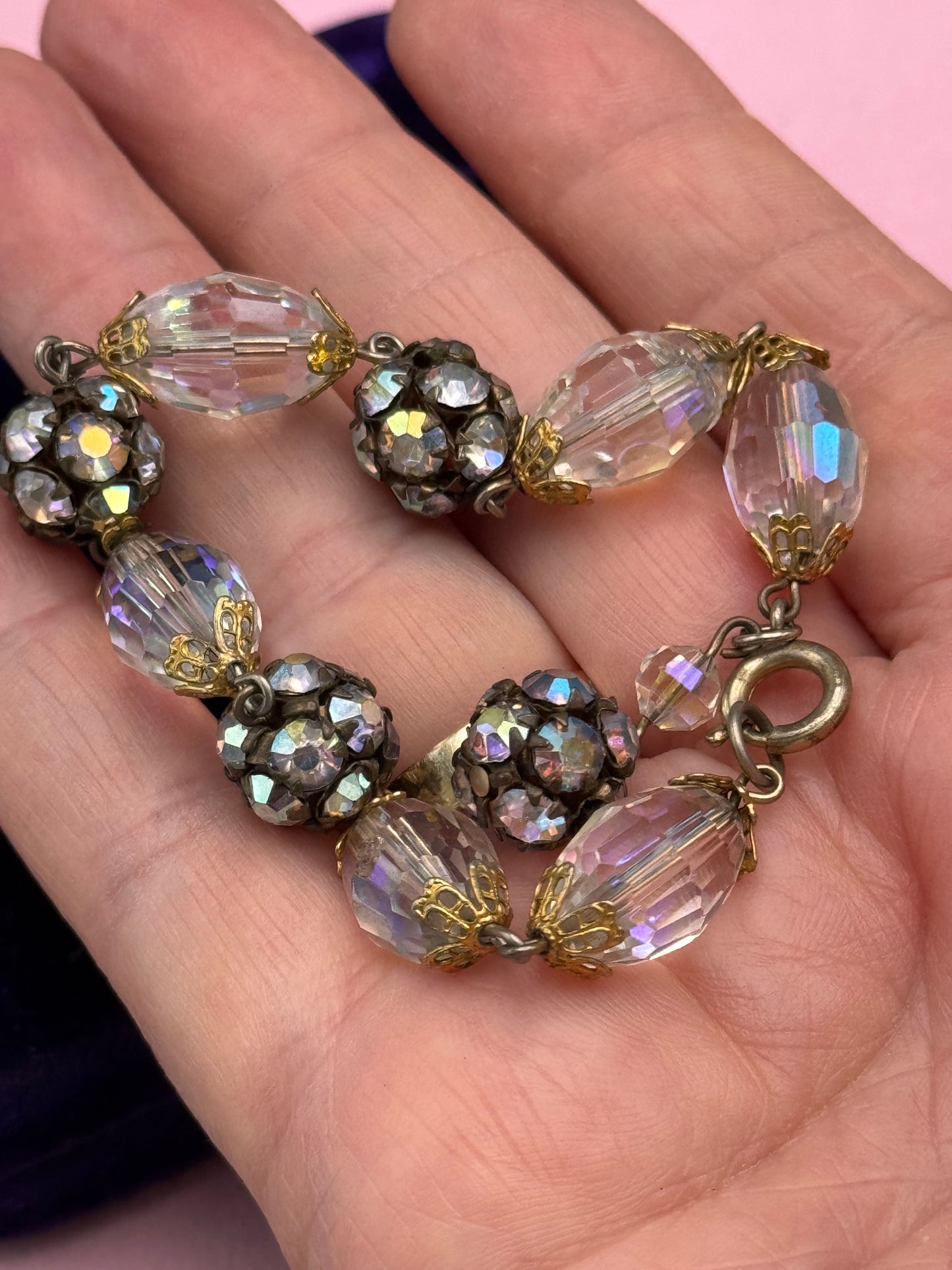 Vintage Crystal Rhinestone Bracelet Aurora Borealis Beads 6.25”