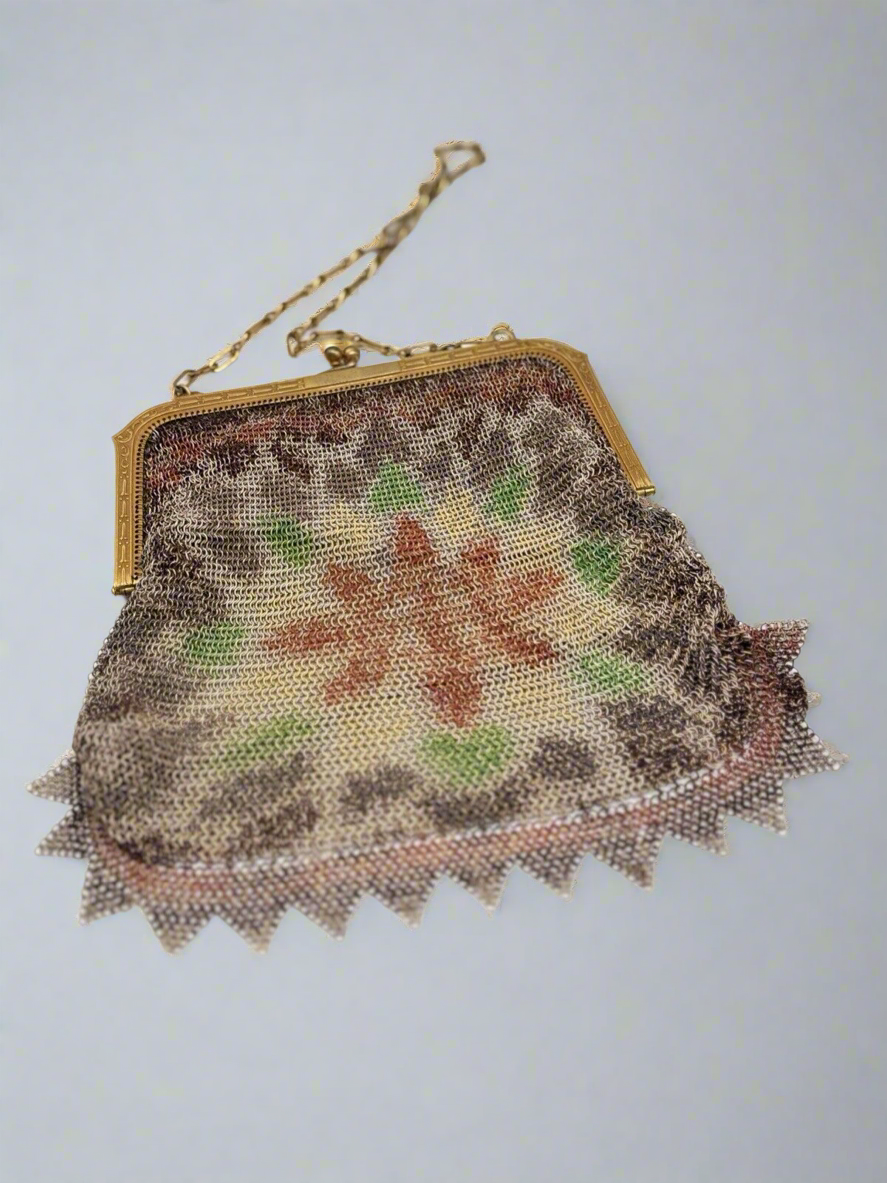 Art Deco Whiting & Davis Mesh Purse Goldtone Water Color Design