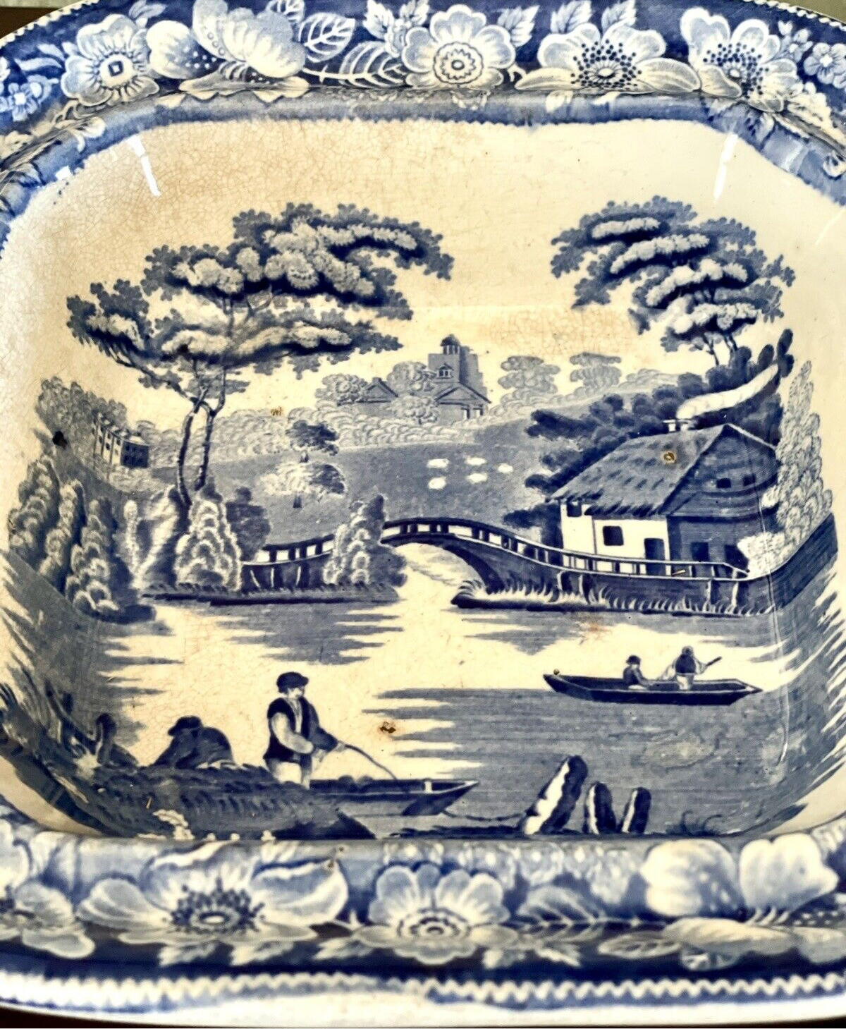 Antique Blue & White Lidded Tureen Landscape Scene With Lion Handle AS IS
