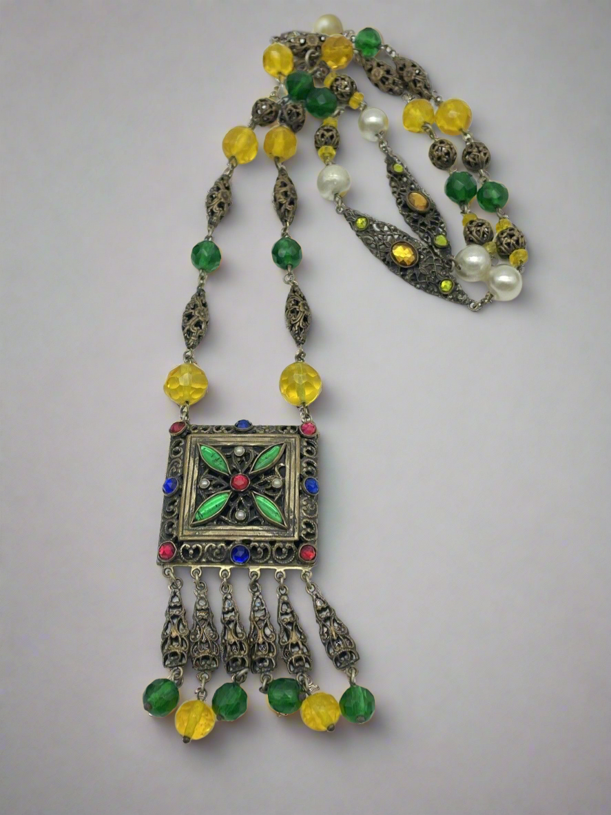 VTG Czech STYLE Drop Pendant Hidden Locket Necklace Rhinestone Faux Pearl LONG