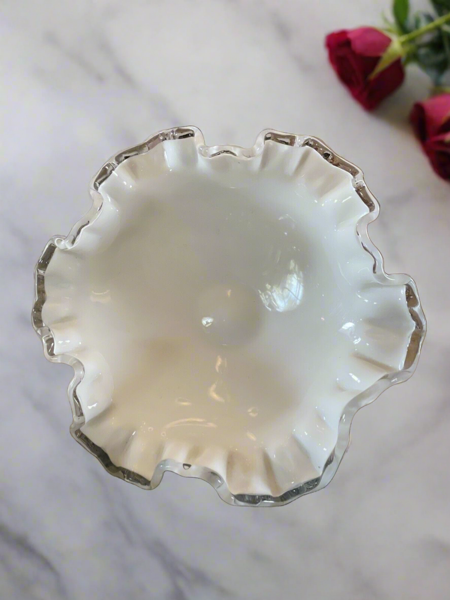 Fenton Silver Crest Style White Milk Glass Ruffled Crimped Rim Bowl VINTAGE