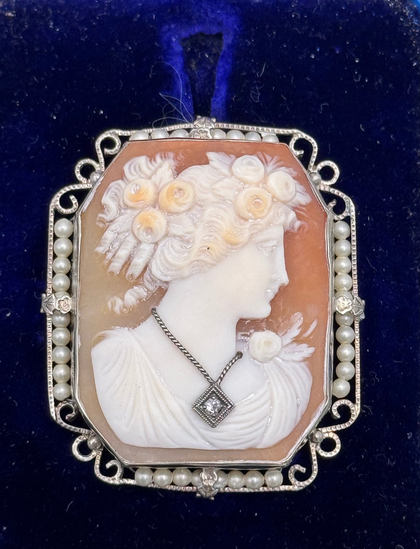 ART DECO CAMEO Habille with DIAMOND 14k WHITE GOLD BROOCH PENDANT