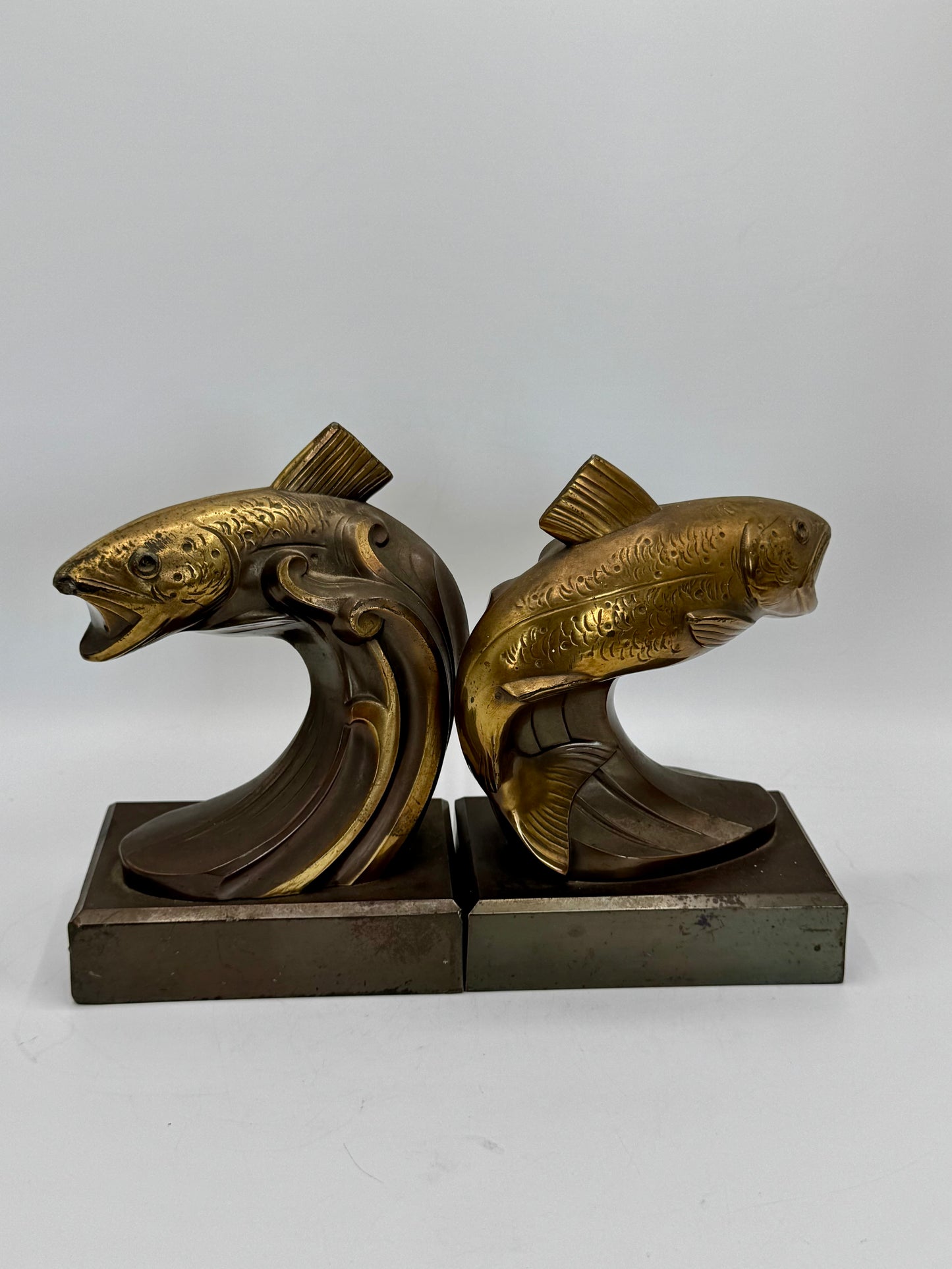 Vintage ART DECO Bronze Brass Style Book Ends TROUT Fish Estate Find Heavy!