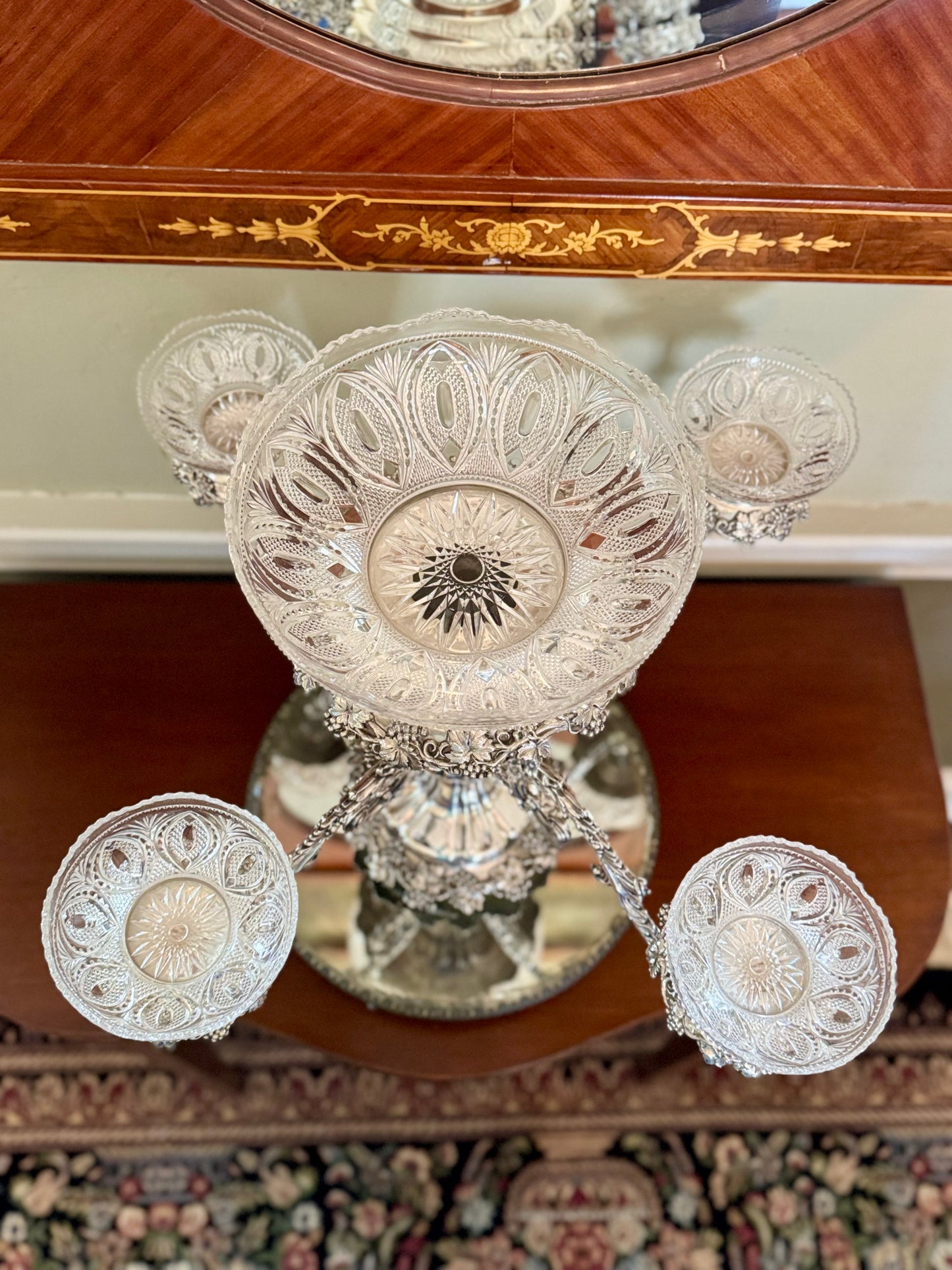 19th Century EPERGNE 4 Arm Silver Plate on Copper Rotates with Berry Bowl Set circa 16”h x 23”w