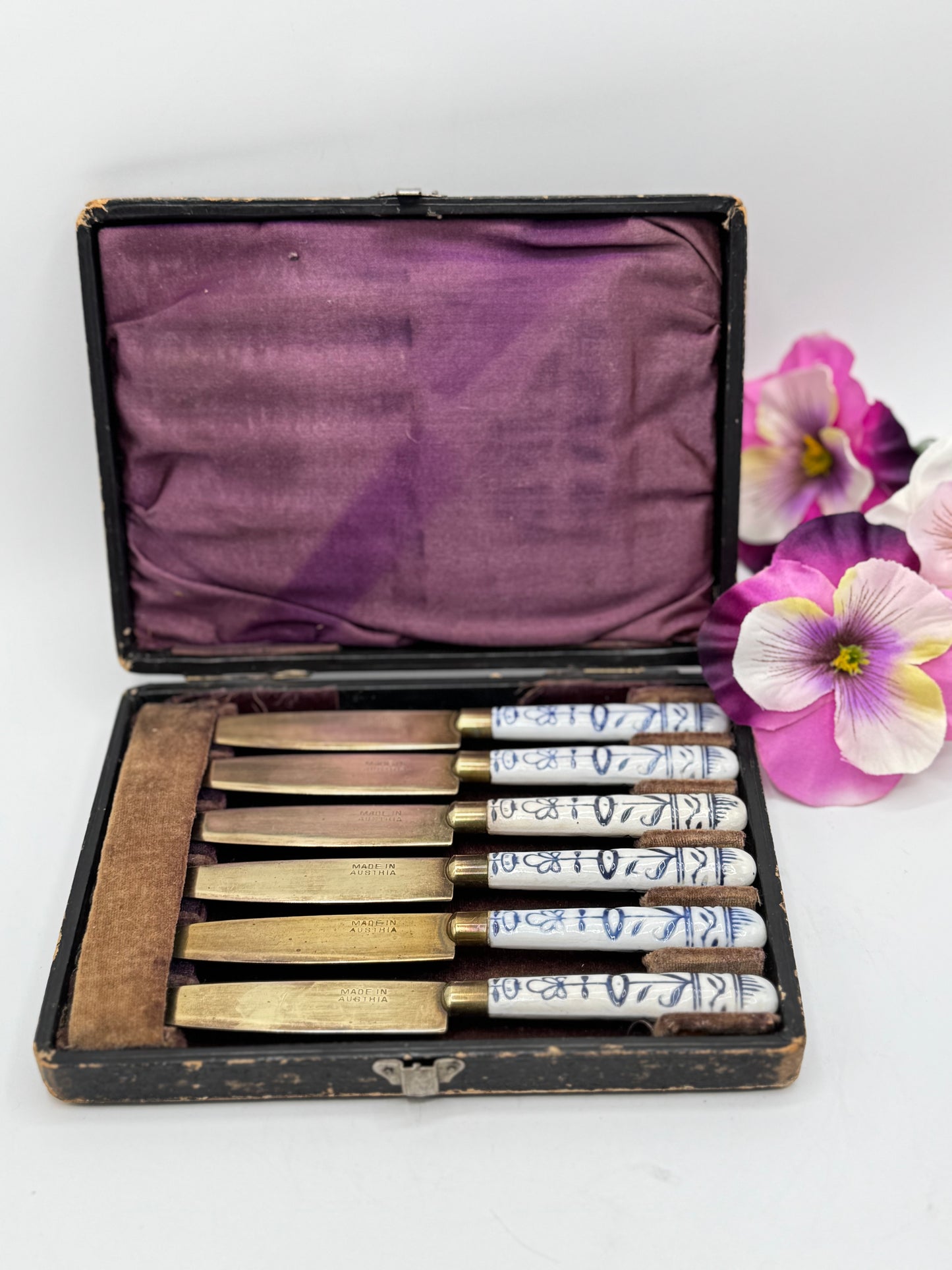 Antique Set 6 Fruit Knives Porcelain Handle Blue & White Made In Austria