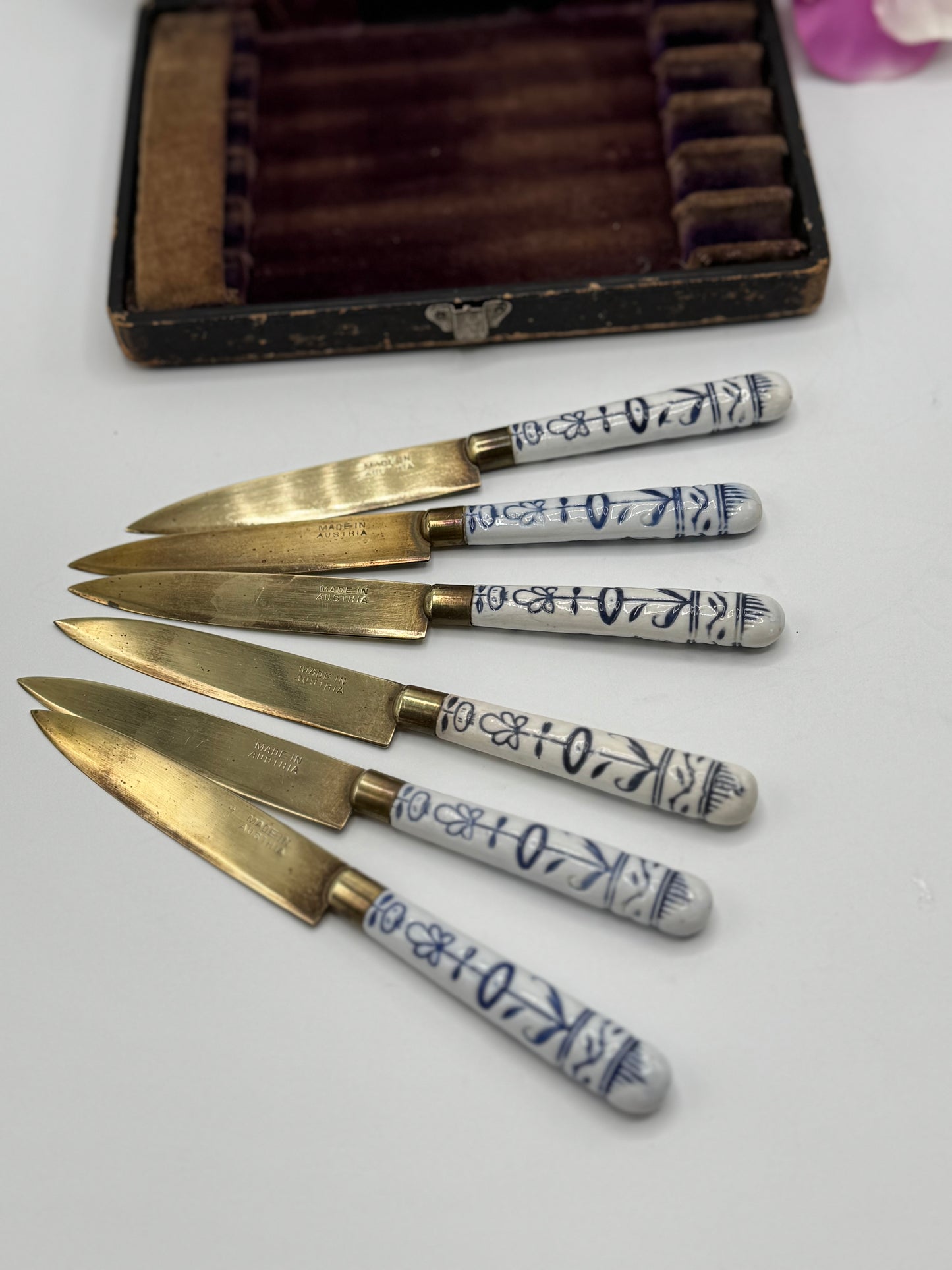 Antique Set 6 Fruit Knives Porcelain Handle Blue & White Made In Austria