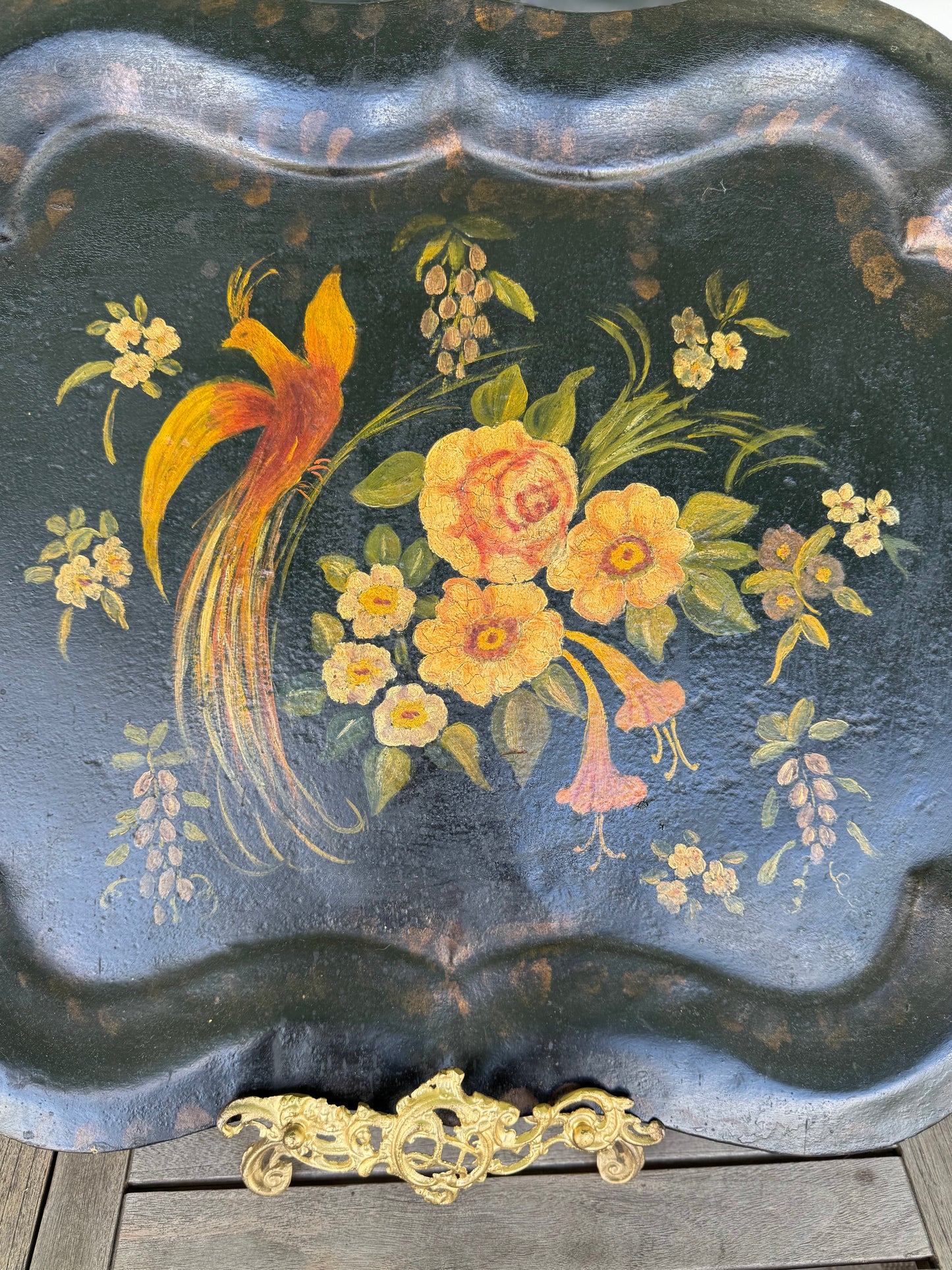 Antique 19th Century Tole Tray Hand Painted Bird Flowers 29”x 21” ESTATE FIND